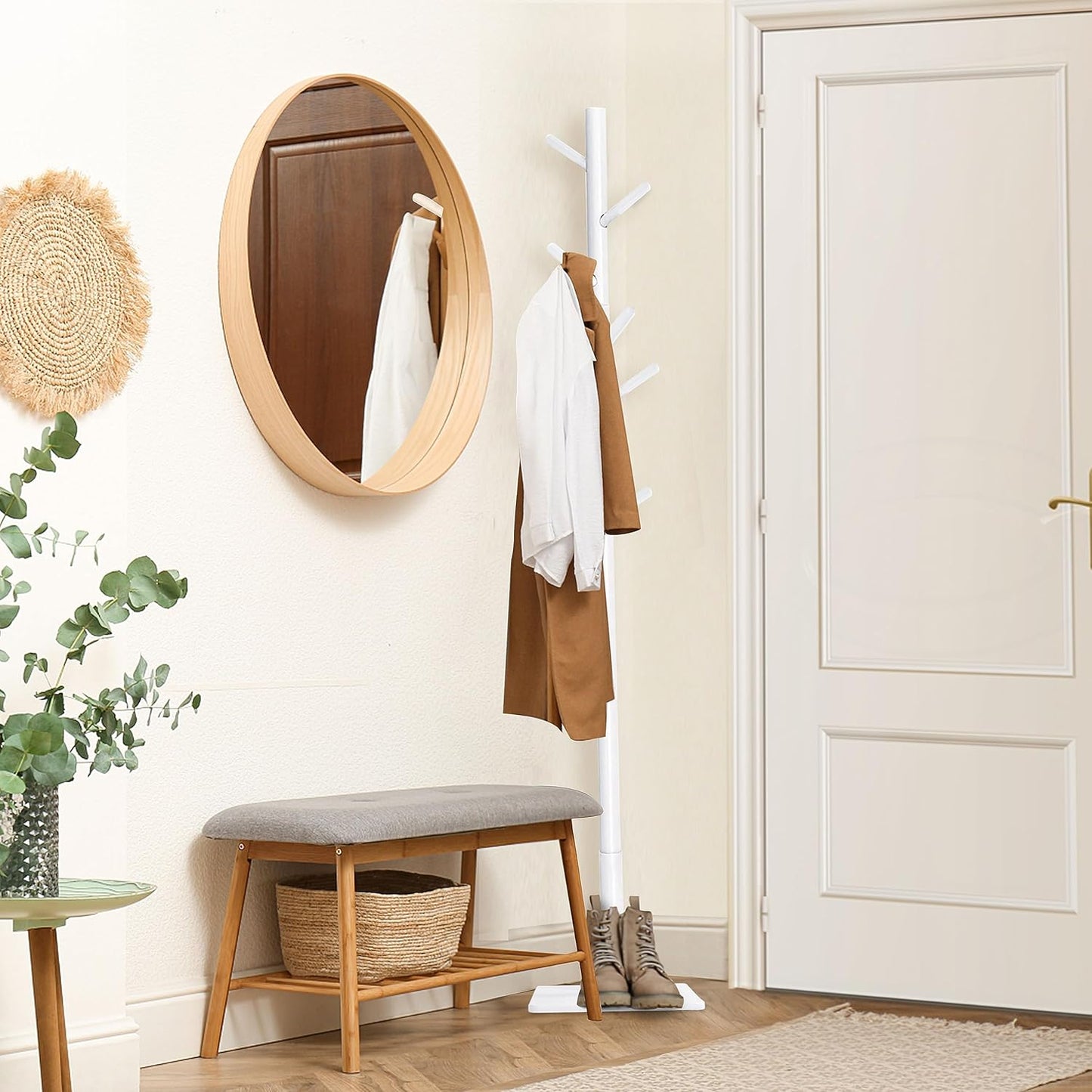 Yawinhe Coat Rack, Sturdy Woode Stand Tree with 8 Hooks, 3 Adjustable Height for Bedroom, Hallway, Entrance, Office, 11.8 x 70.8 inches, White, 1-Pack, Square Base