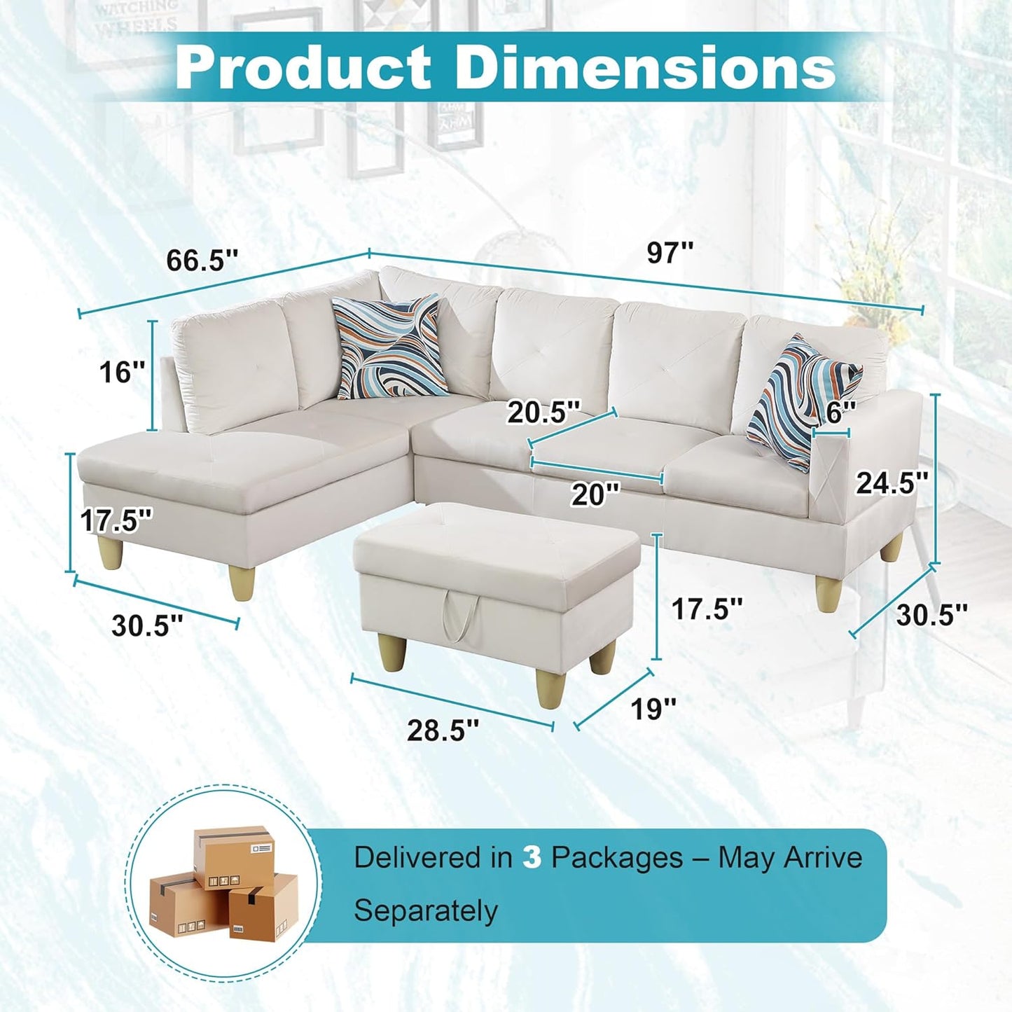 97" Oversized Sectional Couch, L Shaped Couch with Storage Ottoman, Modern Modular Sofa with Deep Seat, Sectional Couches for Living Room and Office, White (Flannel)