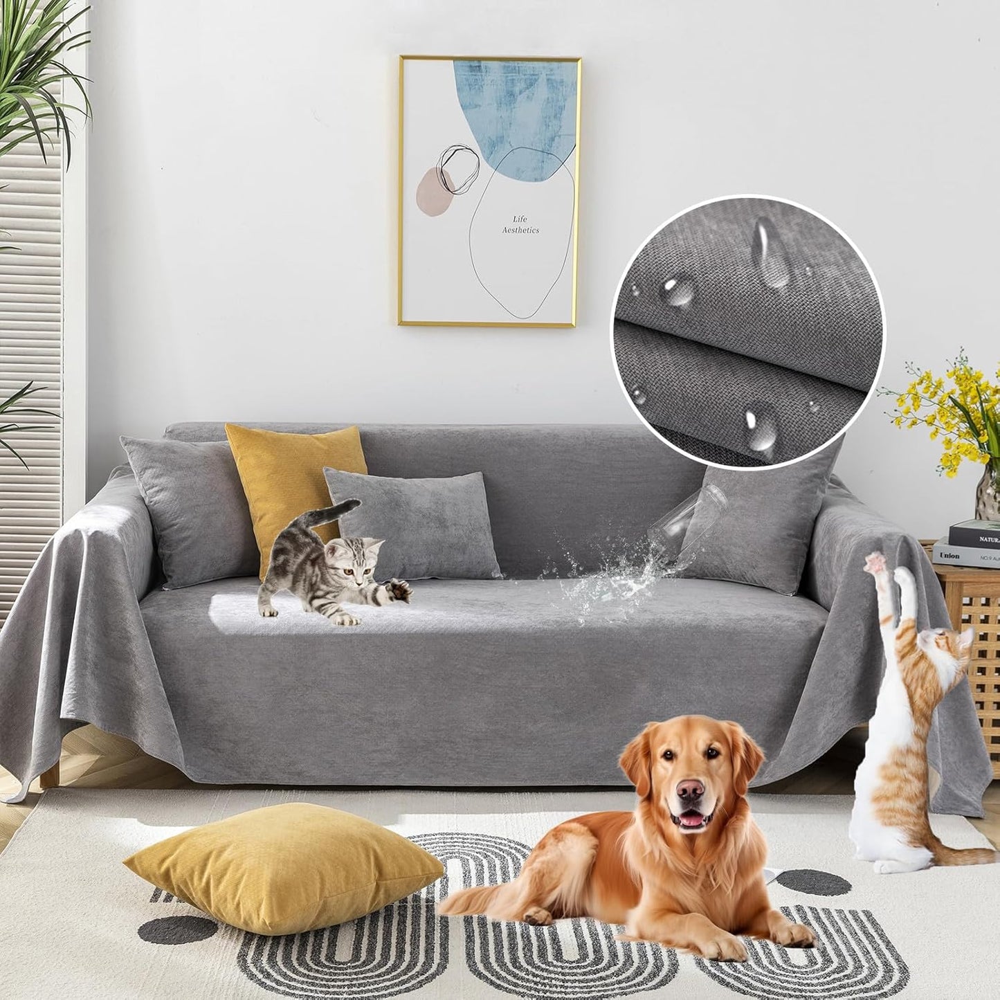 STACYPIK Waterproof Gray Sofa Cover for Pets, Anti-Scratch Cats Couch Cover for 2 Cushion Couch, Anti-Slip Loveseat Covers for Sectional, Washable Sofa Silpcover Pet Furniture Protector-71X118IN