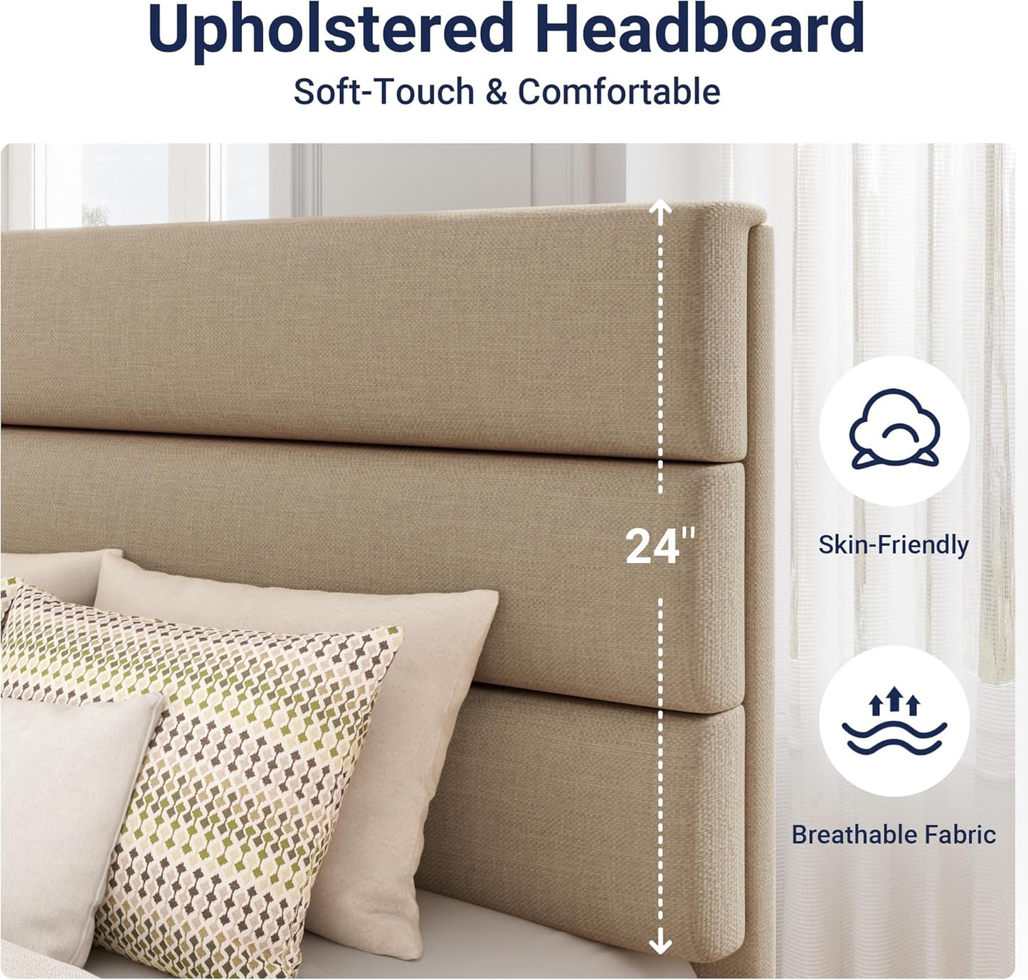 Allewie Twin Size Platform Bed Frame with Fabric Upholstered Headboard and Wooden Slats Support, Fully Upholstered Mattress Foundation/No Box Spring Needed/Easy Assembly, Beige