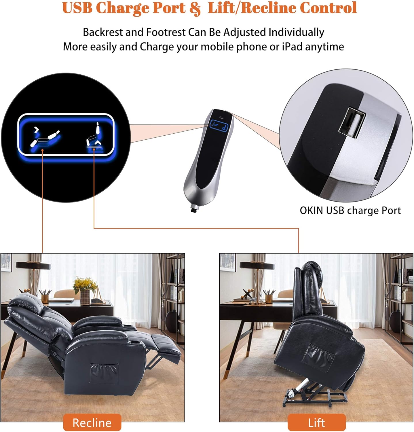 S*MAX Lift Chairs Recliners for Elderly Power Recliner Chairs Full Air Leather Electric Recliner Chairs Side Pockets USB Charge Port and Remote Control Power Lift Recliners Black