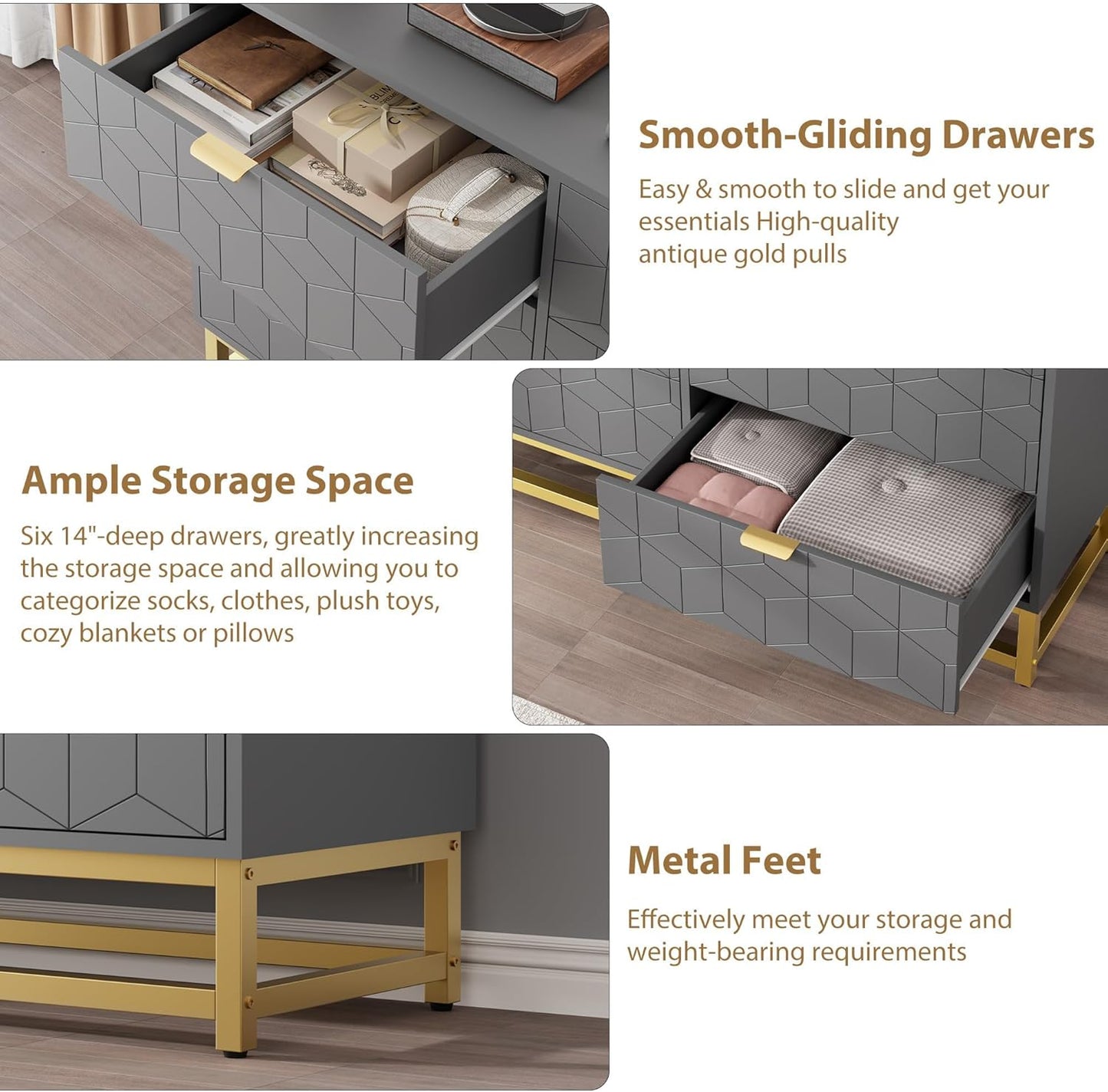 GAOMON Grey Dresser for Bedroom,Modern 6 Drawer Double Dresser with Gold Handles,Long Storage Organizer for TV Stand & Closet,Large Chest of Drawers for Living Room,Hallway,Entryway