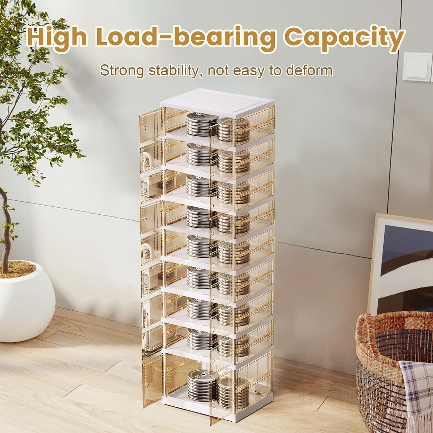 ELPHECO 9 Tier 18 Pairs Plastic Shoe Rack - Clear Foldable Shoe Organizer, Folding Entryway Shoe Cabinet, Collapsible Sneaker with Magnetic Doors, Stackable Shoe Shelf,Three-Sided Clear Shoe Box