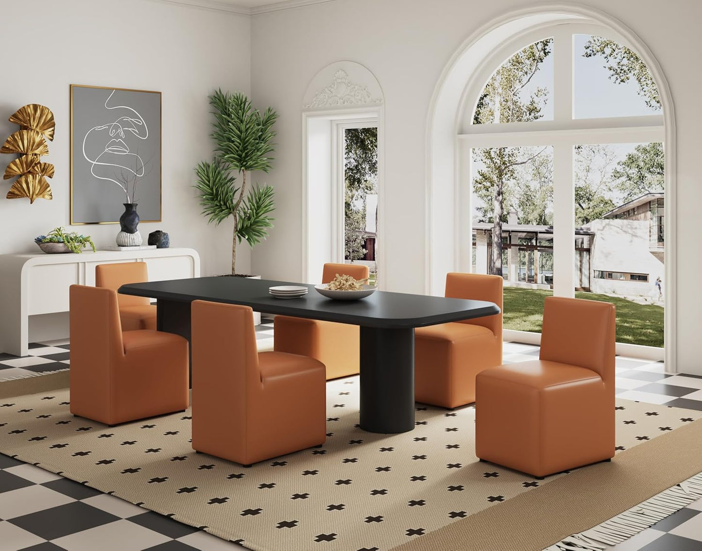 Manhattan Comfort Anna Square Modern Dining Chair with Head to Toe Faux Leather Upholstery and Plastic Foot Padding, Luxury Accent Furniture, Set of 1, Saddle