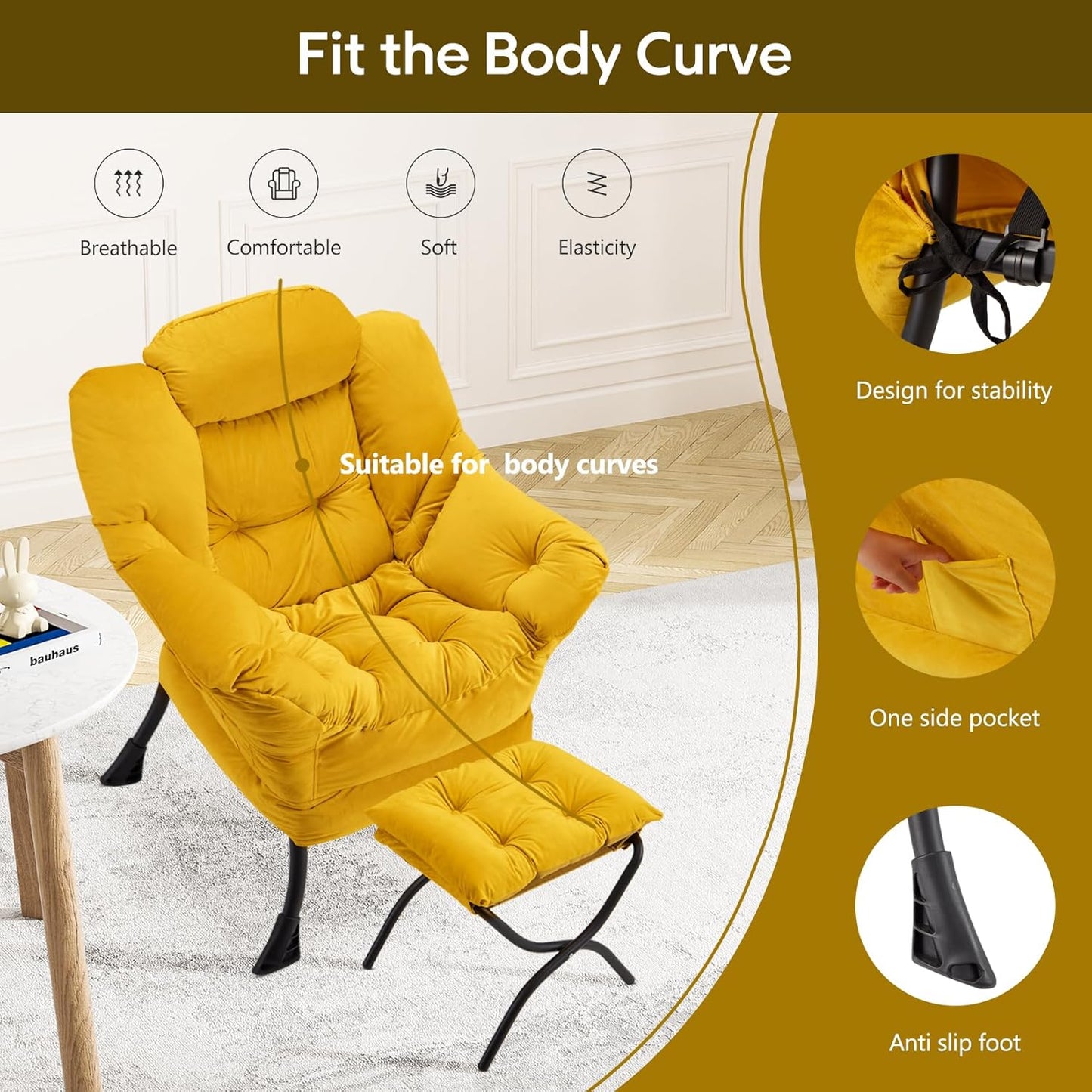 Lazy Chair with Folding Ottoman Modern Large Accent Chair,Contemporary Lounge Leisure Sofa Chair with Armrests Upholstered Sofa Armchair Reading Chair for Bedroom,Dorm & Office (Yellow-f)