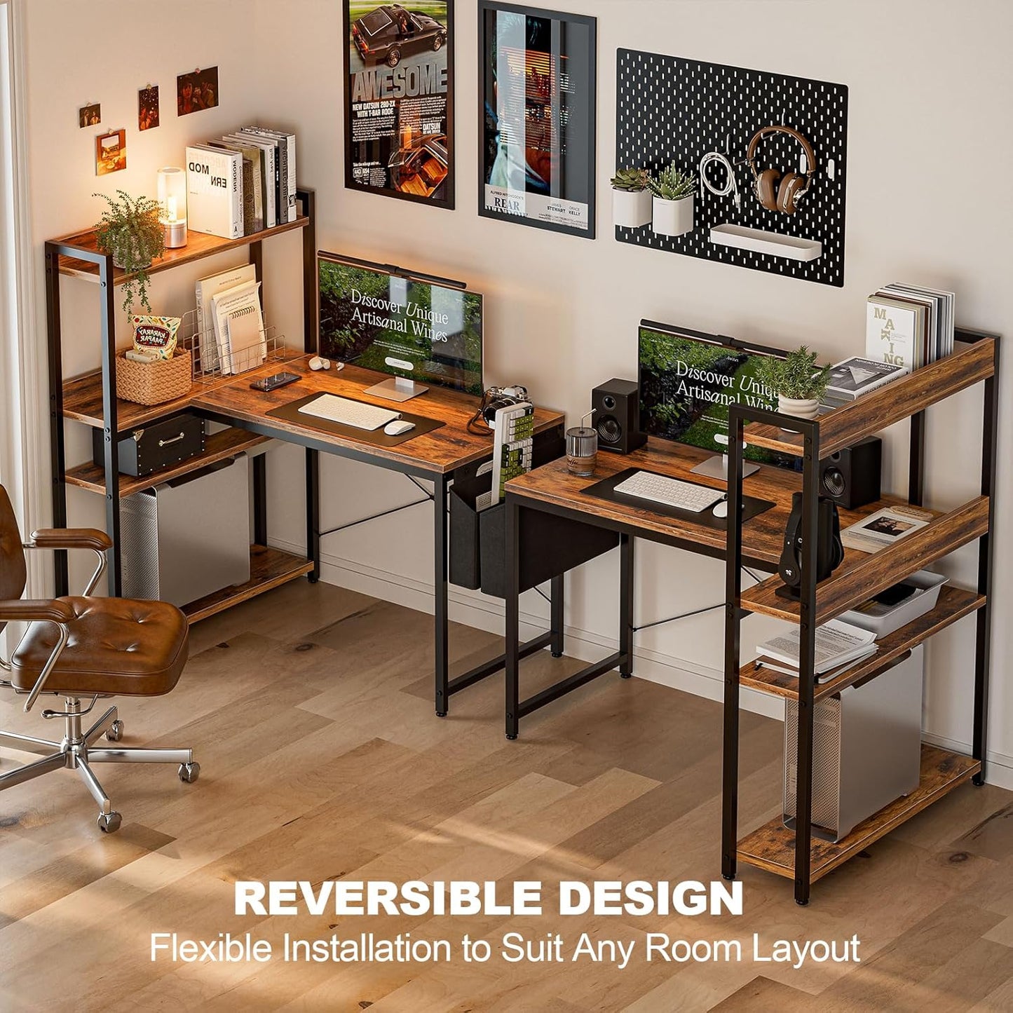 47 Inch L Shaped Computer Desk with Reversible Storage Shelves, Home Office Corner Desk Study Writing Table with Hutch, Study, Rustic Brown