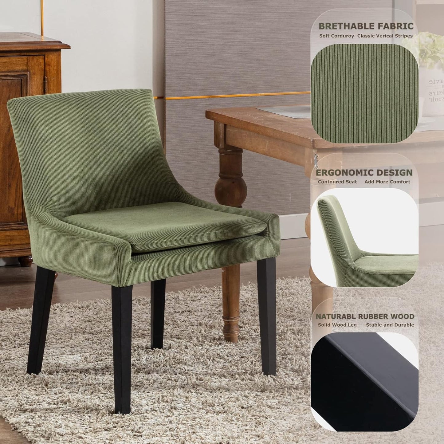 COLAMY Modern Dining Chairs Set of 2, Upholstered Corduroy Accent Side Chairs with Mid Back and Wood Legs for Living Room/Dining Room- Light Green