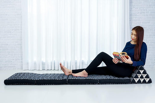 Leewadee Comfortable Japanese Floor Mattress - Thai Floor Bed with Triangle Cushion - Futon Mattress - XL Extra Long Thai Massage Mat, 89 x 20 inches, Black, Kapok Filling