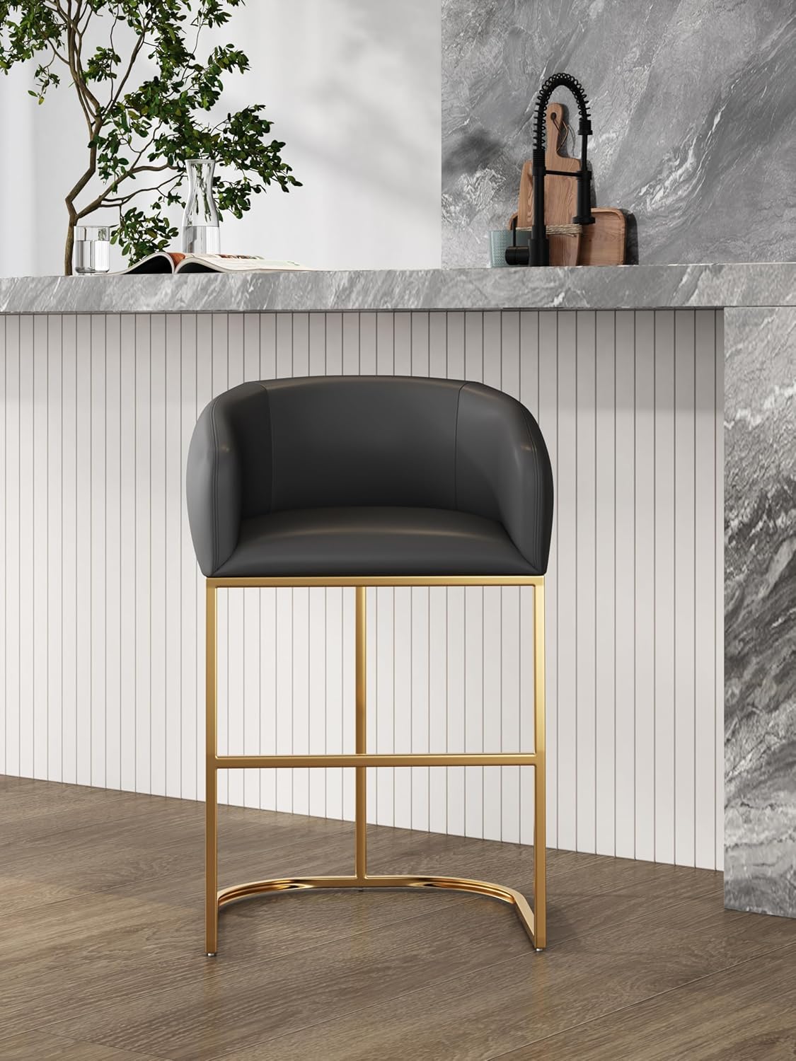 Manhattan Comfort Louvre 26 Inch Mid Century Modern Counter Height Bar Stools - Elegant Faux Leather Padded Seat, Stainless Steel Base with Footrest, Fully Assembled Barstools, Set of 1, Grey