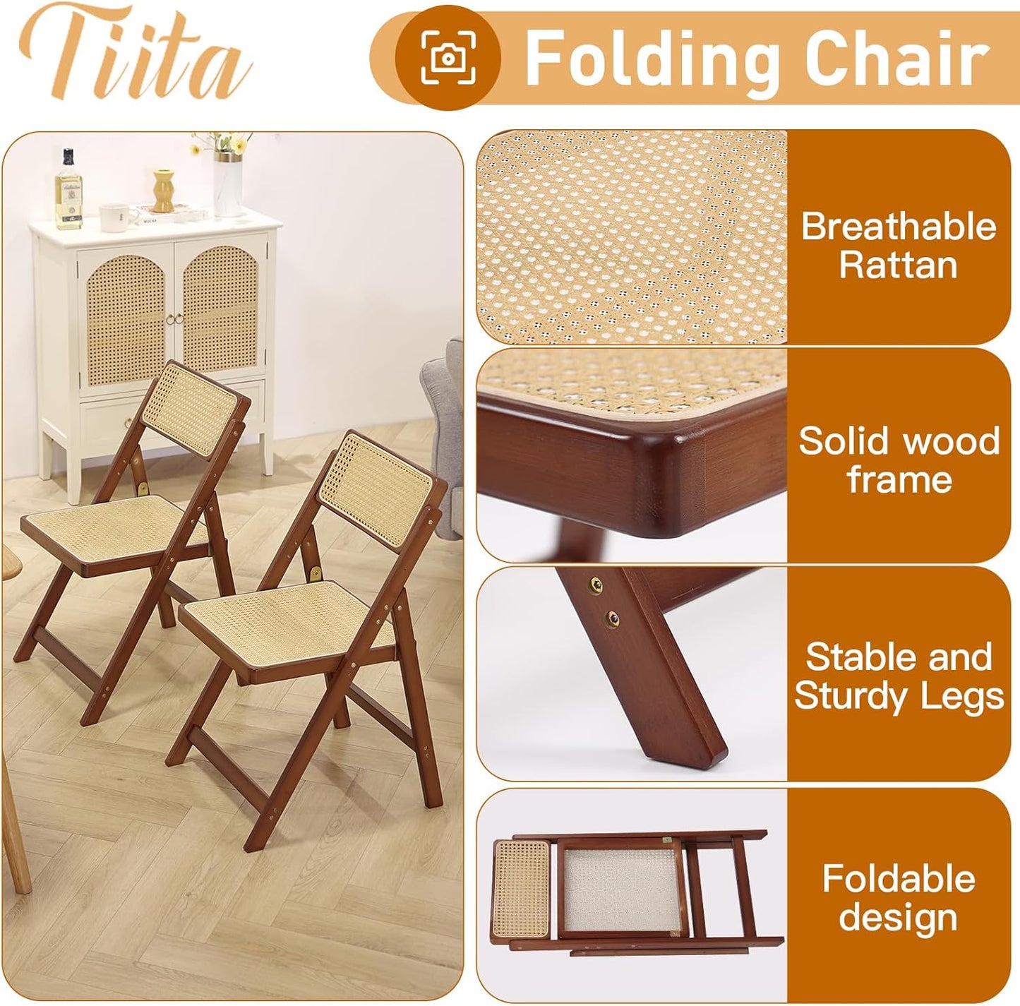 Tiita Rattan Dining Chairs Set of 2, Mid Century Modern Folding Chair, Bamboo Folding Dining Chairs for Small Space, Dining Room, Living Room, Bedroom, Walnut