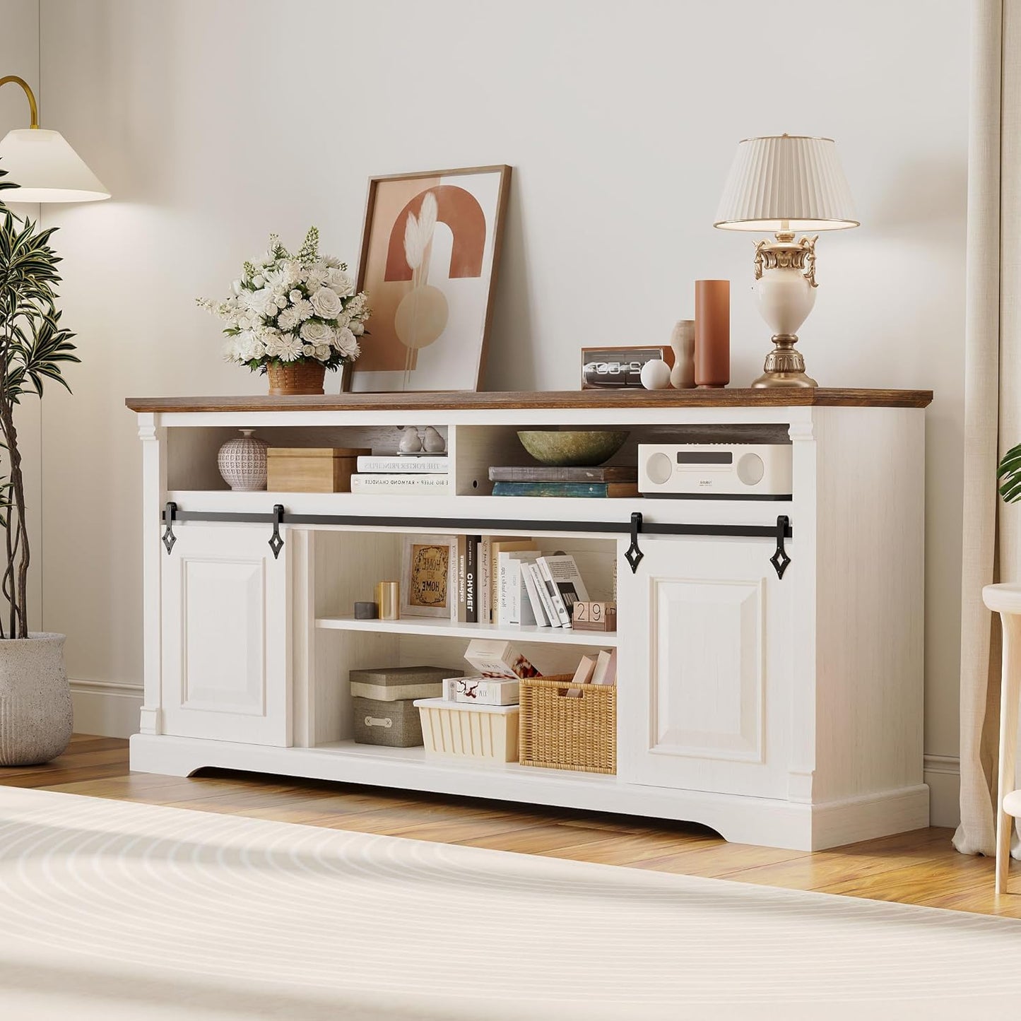 IRONCK Farmhouse TV Stand for 75+ Inch TV, 70" Entertainment Center with Storage Cabinets and Sliding Barn Door, Media Console for Living Room, White