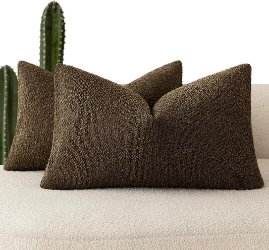 Foindtower Pack of 2 Textured Boucle Throw Pillow Covers Accent Solid Decorative Lumbar Pillow Cases Cozy Couch Cushion Case for Chair Sofa Bedroom Living Room Home Decor 12x20 Inch Chocolate