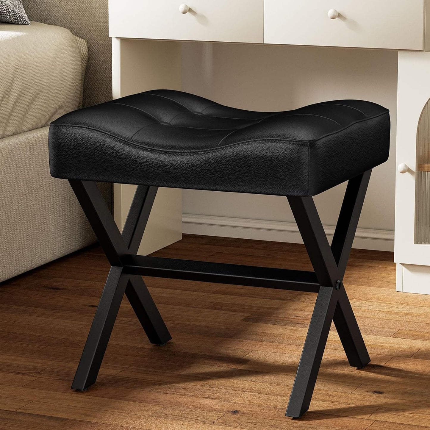 18-Inch Large Leather Vanity Stool, Vanity Chair with Metal X-Leg, Ottoman Foot Stool with Thick Padded Saddle Seat, Black