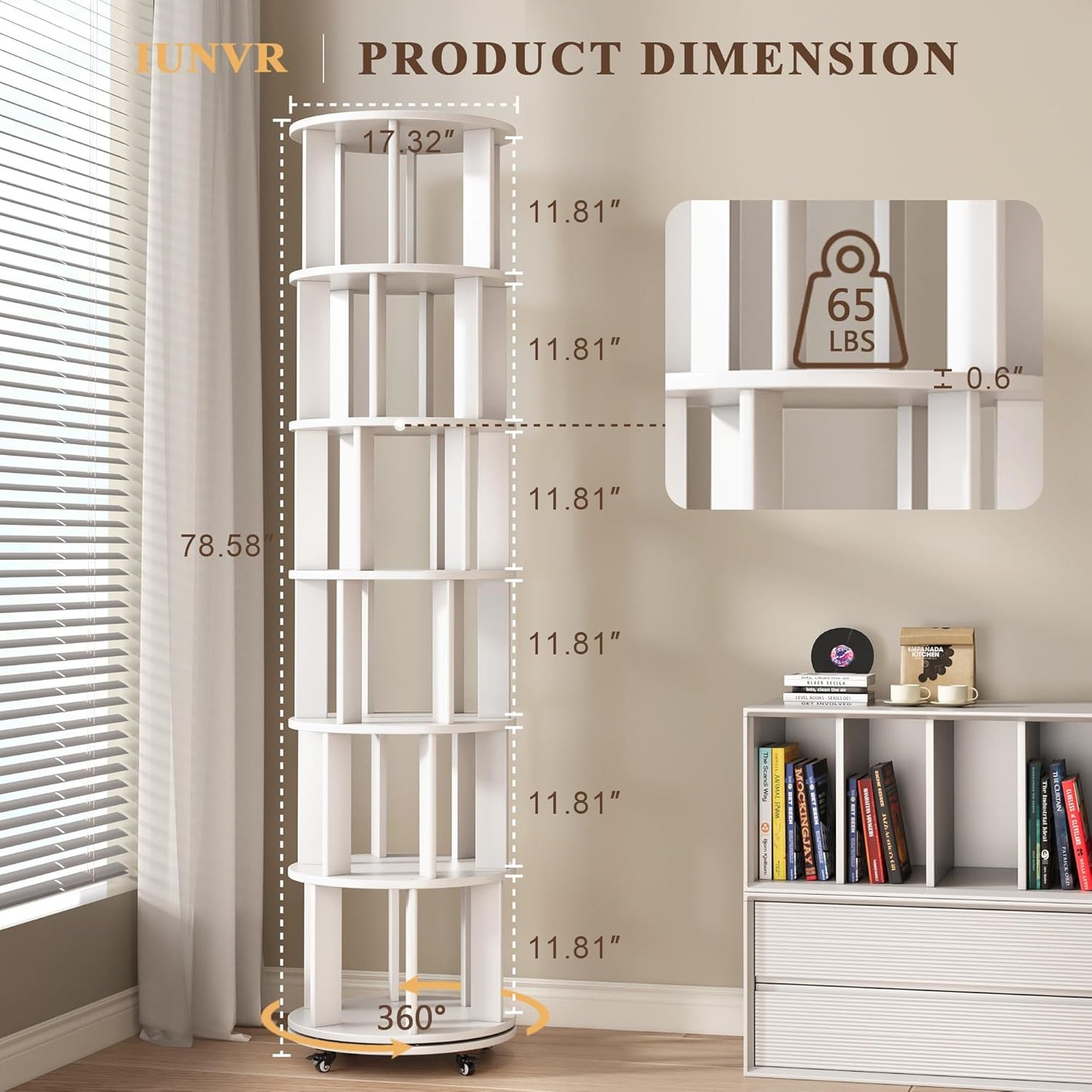 6 Tier Bookshelf Tower, 360° Solid Wood Spinning Bookcase with Swivel Wheels, Floor Standing Book Shelf for Small Space, Bookshelf for Home Office Study Room Bedroom Living Room