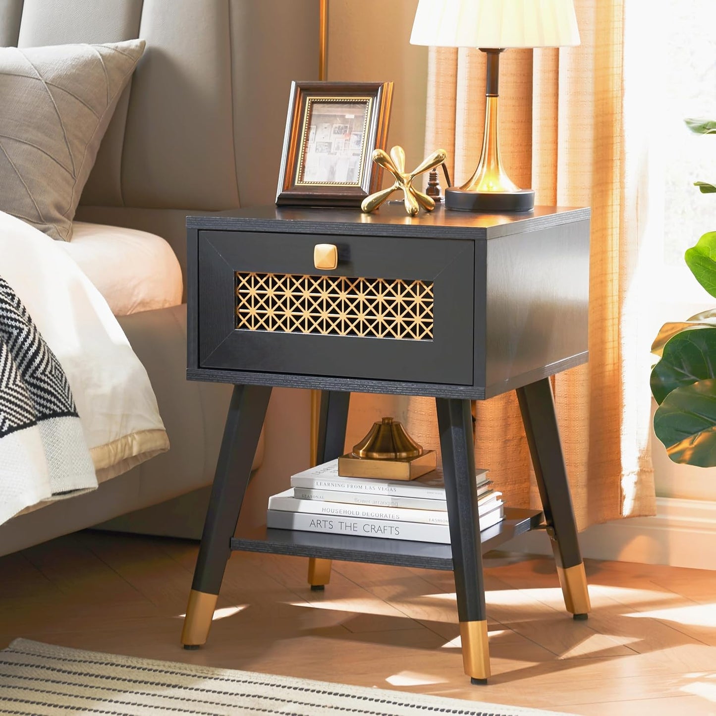 Modern Style Side Table, Small End Table with Drawer and Shelf for Living Room, Square Wooden Nightstand, Black