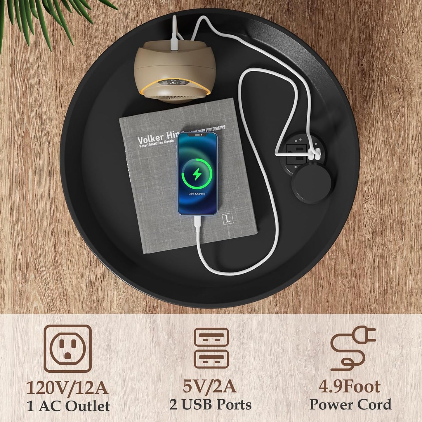 Gadroad Round End Table with Charging Station, USB Ports and Anti-Drop Fence, Wood Tabletop & Black Metal Frame, 2-Tier Side Table for Living Room, Bedroom, Black 15.7 * 15.7 * 23.0 inches