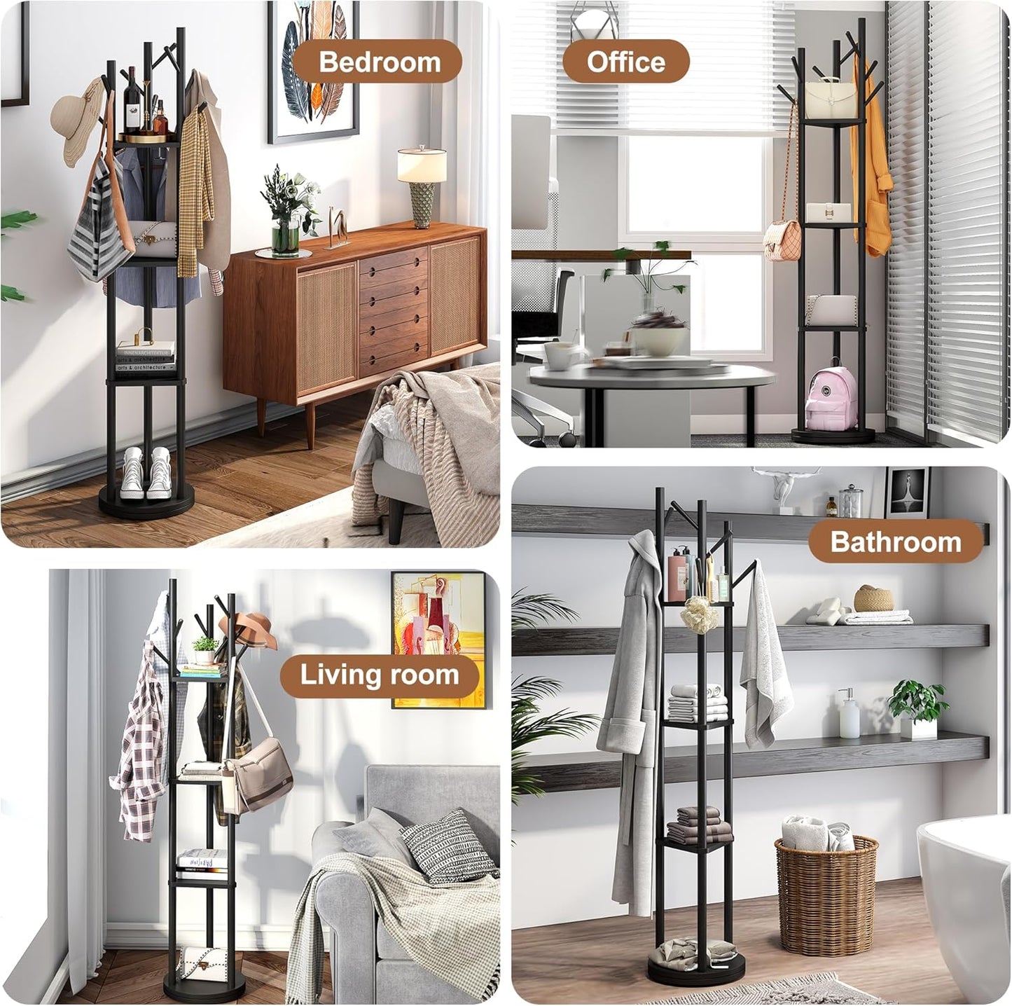 FILWH Bamboo Coat Rack Rotary Freestanding with Shelf Coat Tree Stand for Hallway Entryway with 9 Hooks and 3 Storage Shelves (Black)