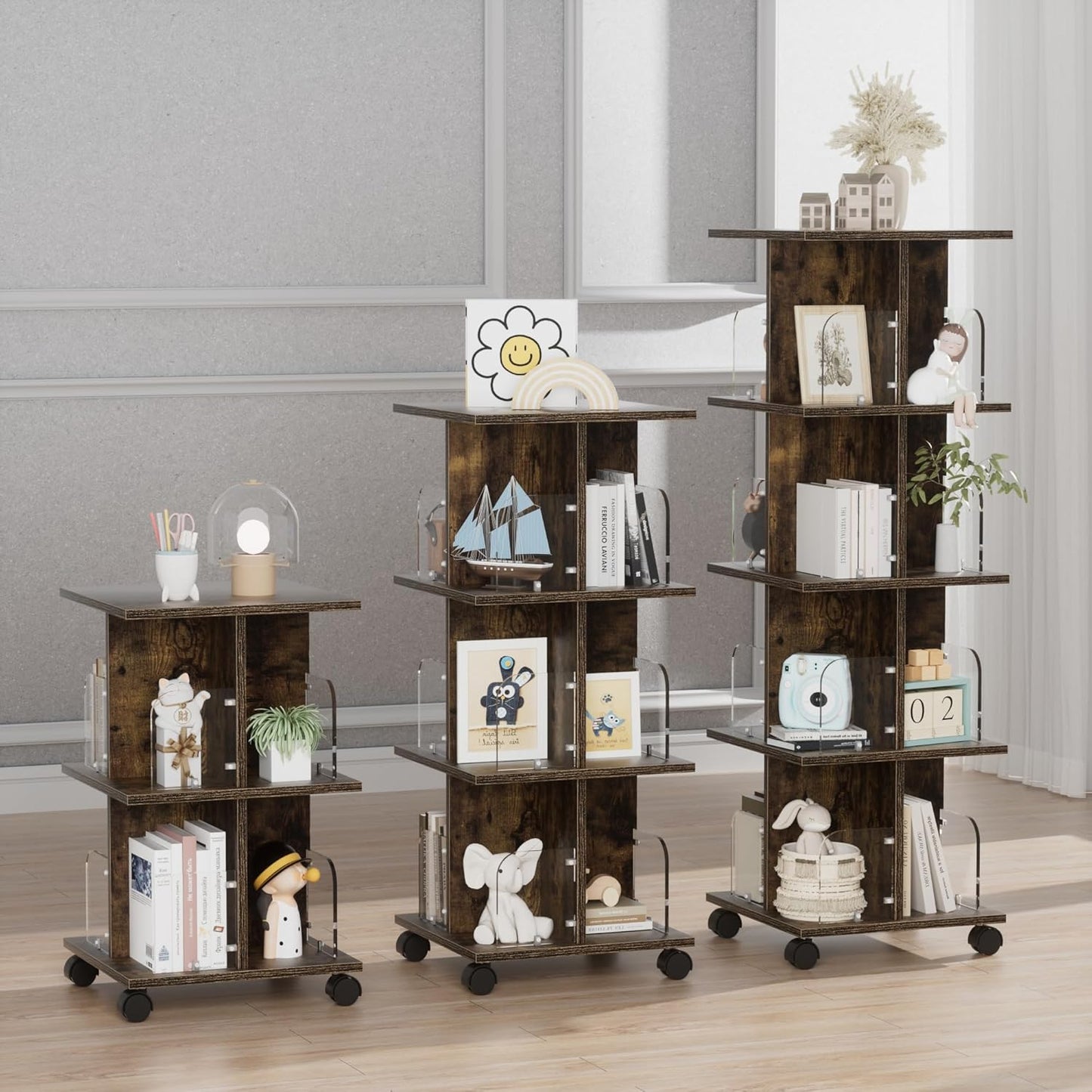 VECELO Rotating Bookshelf with Brake Wheels, 360°Display 4 Tier Floor Stackable Spinning-Bookshelf Tower for Kids&Adults, Revolving Bookcase for Small Space,Corner(Brown)