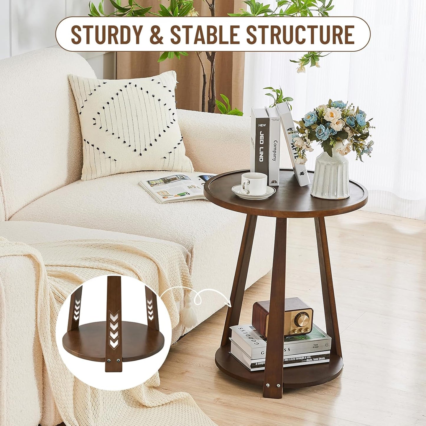 Uniclinens Round End Table, Solid Wood Round Side Coffee Table, Small Bedside Nightstand for Living Room Bedroom, Walnut