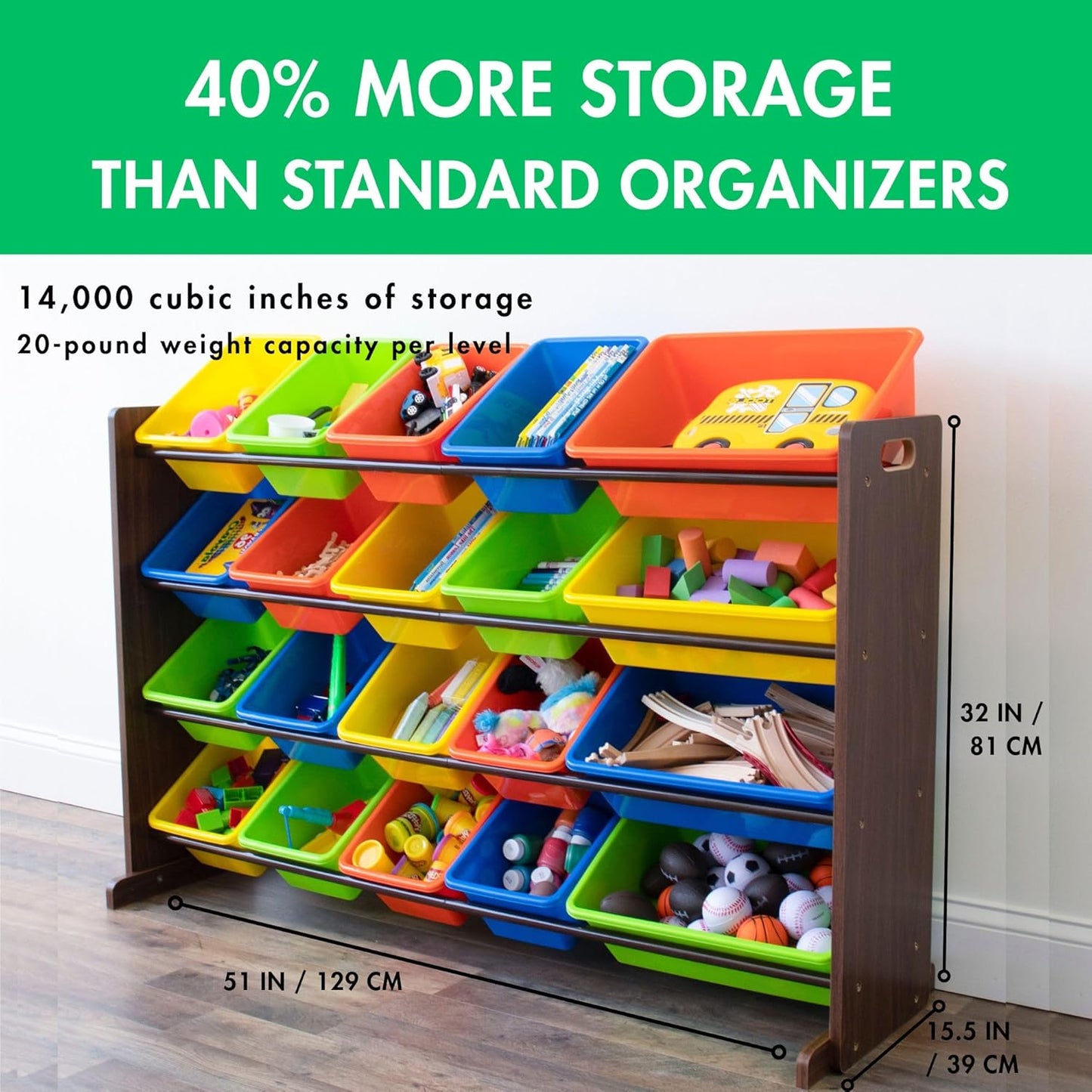 Humble Crew Extra-Large Toy Organizer with 20 Plastic Bins – Dark Walnut/Neon Storage Rack with 4-Tier Shelves, Anti-Tip Safety, for Kids’ Rooms, Playrooms, Nurseries & Classrooms