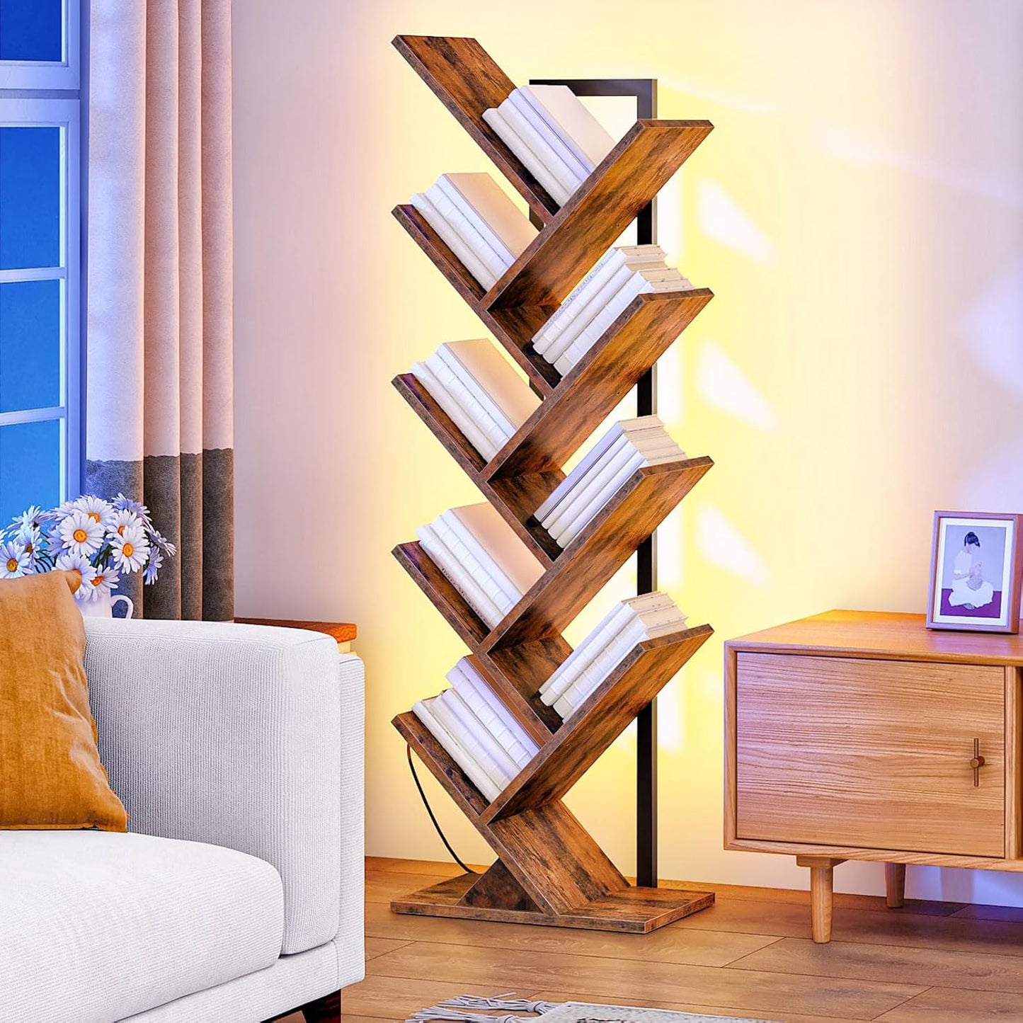 HOOBRO Tree Bookshelf, 9-Tier Tree Bookshelf with Lights, Space-Saving Book Shelf, Holds Books, CDs, Floor Standing Bookcase for Office, Living Room, Bedroom, Rustic Brown and Black BF08DSJ01