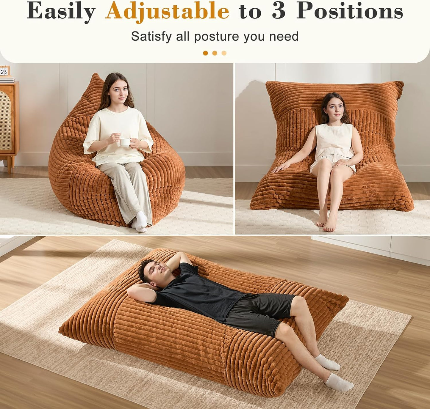 3-in-1 Giant Bean Bag Chair for Adults & Kid, Convertible Floor Sofa to Mattress, High-Density Foam Chair Bed with Washable Cover, Multi Functional Lounge Couch for Bedroom, Living Room (Orange)