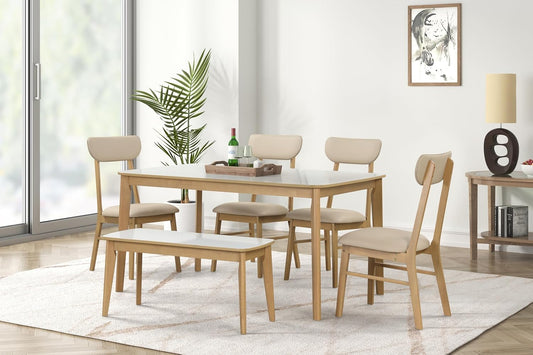 Ball & Cast 6-Piece Dining Table Set,59" Rectangular Dining Table with High Gloss White top, and 4 Upholstered Chairs & 1 Bench for Dining Room and Kitchen, Light Oak