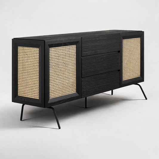 NTC MOSSIC Sideboard with 2 Doors and 3 Drawers, Buffet Cabinet with Natural Rattan and Metal Legs, Modern Storage Cabinet for Living Room, and Hallway, Effortless Assembly - Burnt Black