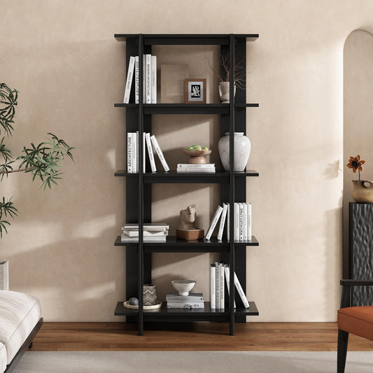 Merax 4 Shelf Narrow Bookcase H-70 L-33 Acacia Wood Open Bookshelf, Contemporary Farmhouse Style Display Storage Shelf for Home Office Studio, Ebonized Finish