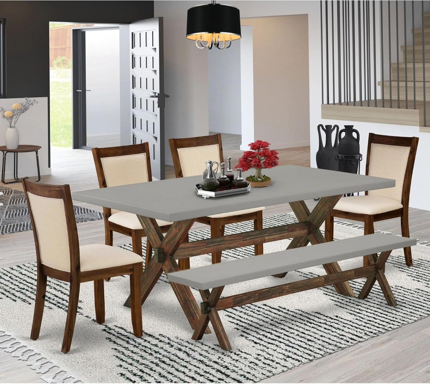 East West Furniture X797MZN32-6 6 Piece Dining Set Contains a Rectangle Dining Room Table with X-Legs and 4 Light Beige Linen Fabric Upholstered Chairs with a Bench, 40x72 Inch, Multi-Color