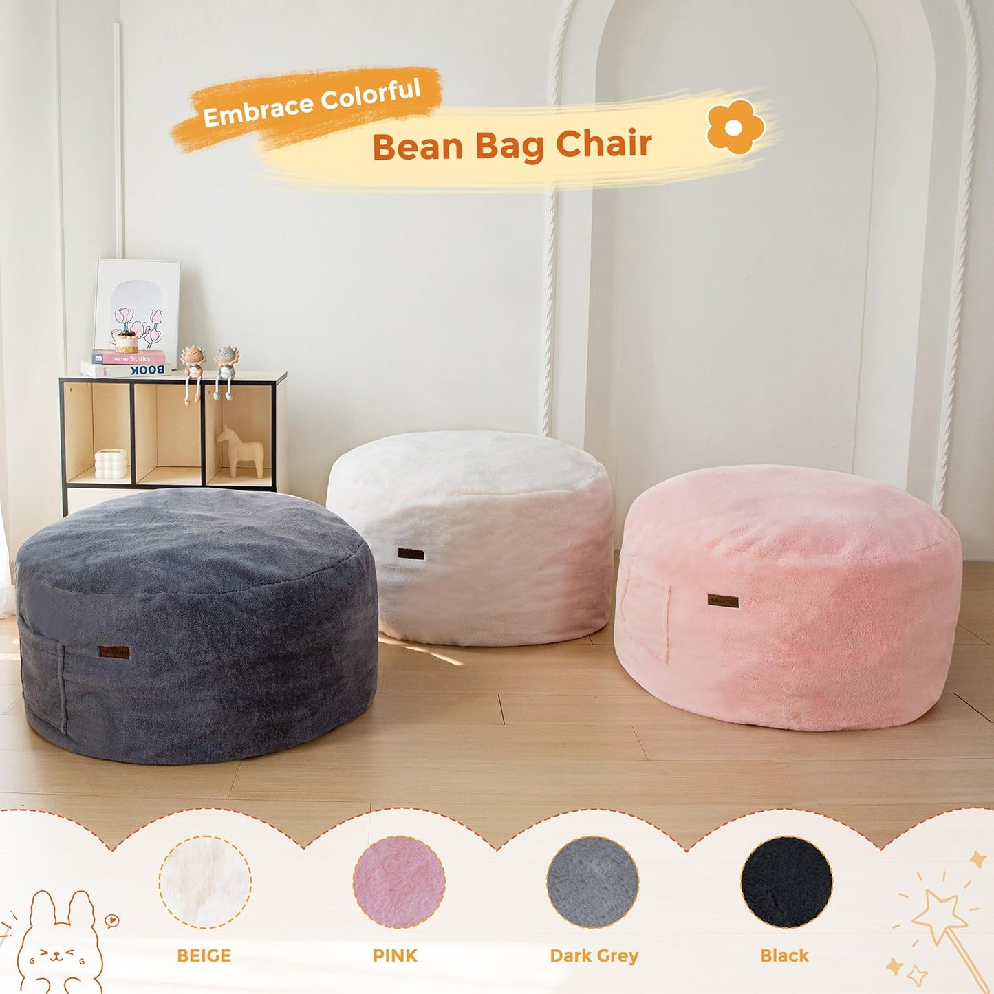 MAXYOYO Kids Bean Bag Chair, Stuffed Faux Fur Bean Bag for Toddler, Ultra Soft Floor Sofa with High-Density Foam Filling, Lazy Chair for Living Room, Playroom, Nursery Room