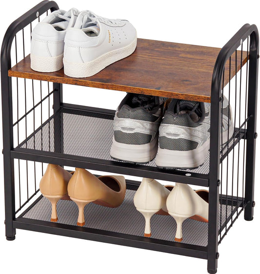 Shoe Rack, 3-Tier Shoe Organizer with Guardrails, Heavy-Duty Metal Mesh Shelves & Rustic Wooden Top for Stylish Closet & Front Door Storage