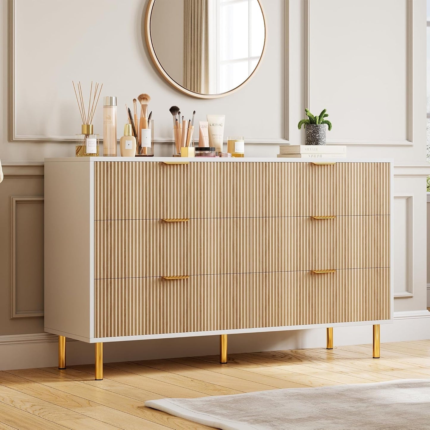 GarveeHome Dresser for Bedroom, Modern Chest of Drawers with Large Drawer, 6 Drawer Dresser with Gold Handles,Wood Storage Cabinet Organizer for Living Room, Hallway, Entryway, Natural