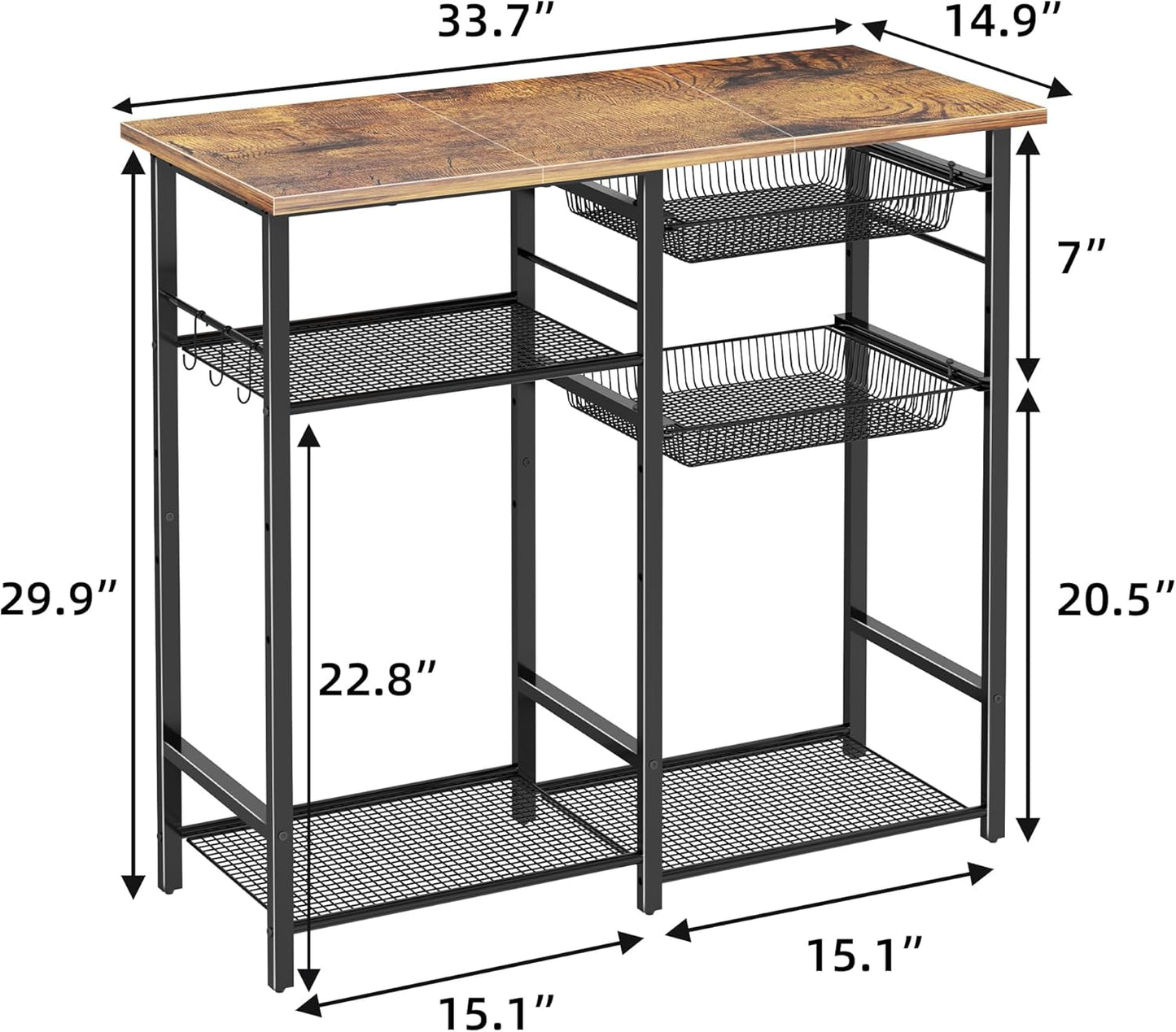 Kitchen Baker’s Rack, Microwave Stand with 2 Mesh Basket, Coffee Bar, 6 S-Shaped Hook, for Kitchen Storage Shelf, Living Room, Rustic Brown and Black