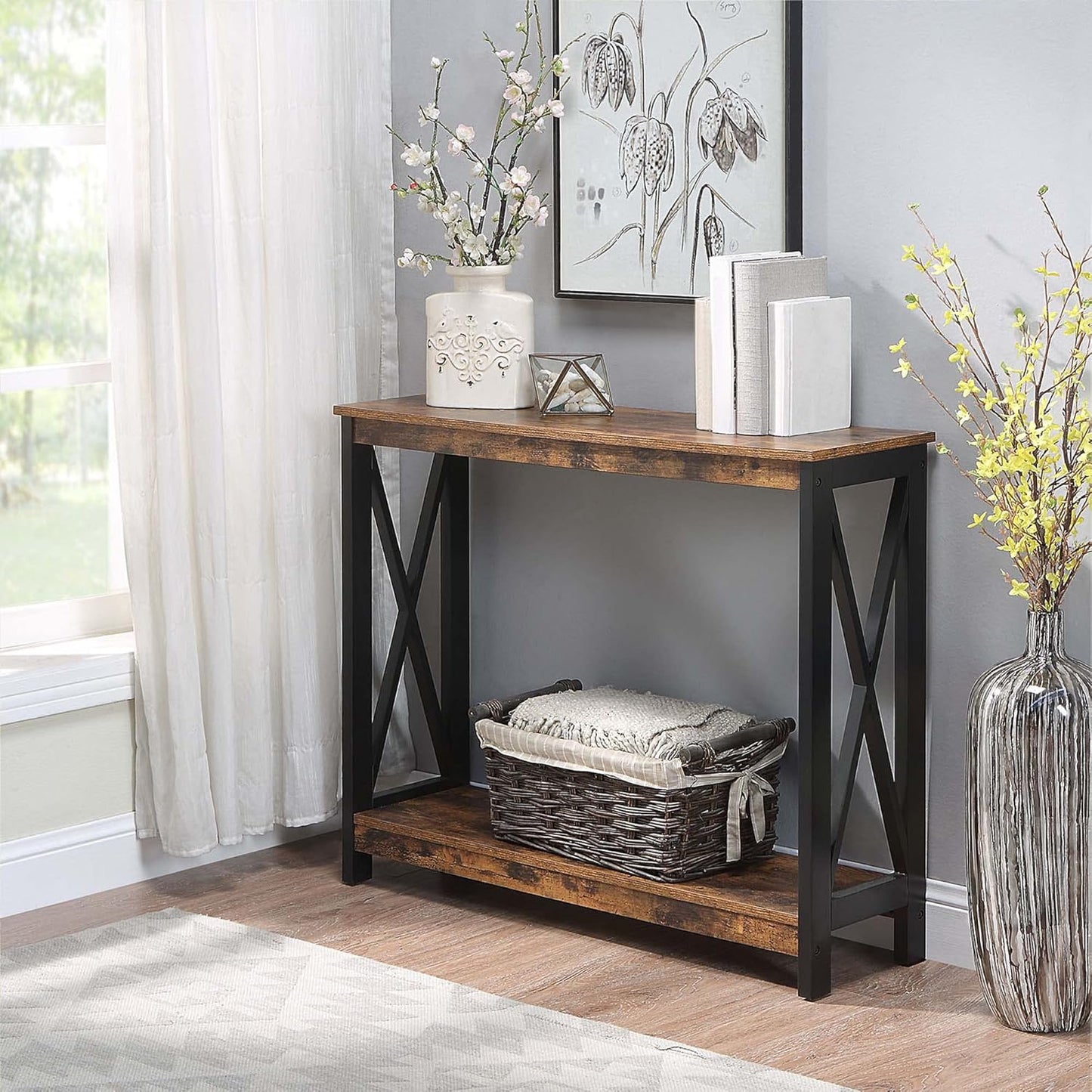 Convenience Concepts Oxford Console Table 39.5" - Sofa Table with Storage Shelf, Transitional Entryway Hall Table for Living Room and Bedroom, Display Foyer Table, Barnwood/Black