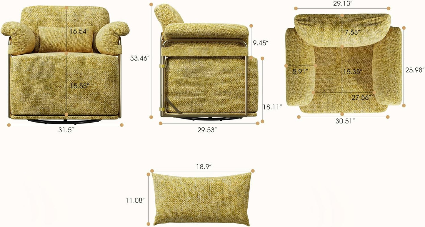 KEIKI Modern Comfy Swivel Accent Reading Chair with Waist Pillows, 360°Square Upholstered Barrel Armchair Single Club Lounge Sofa Chairs for Living Room,Bedroom,Office,Yellow