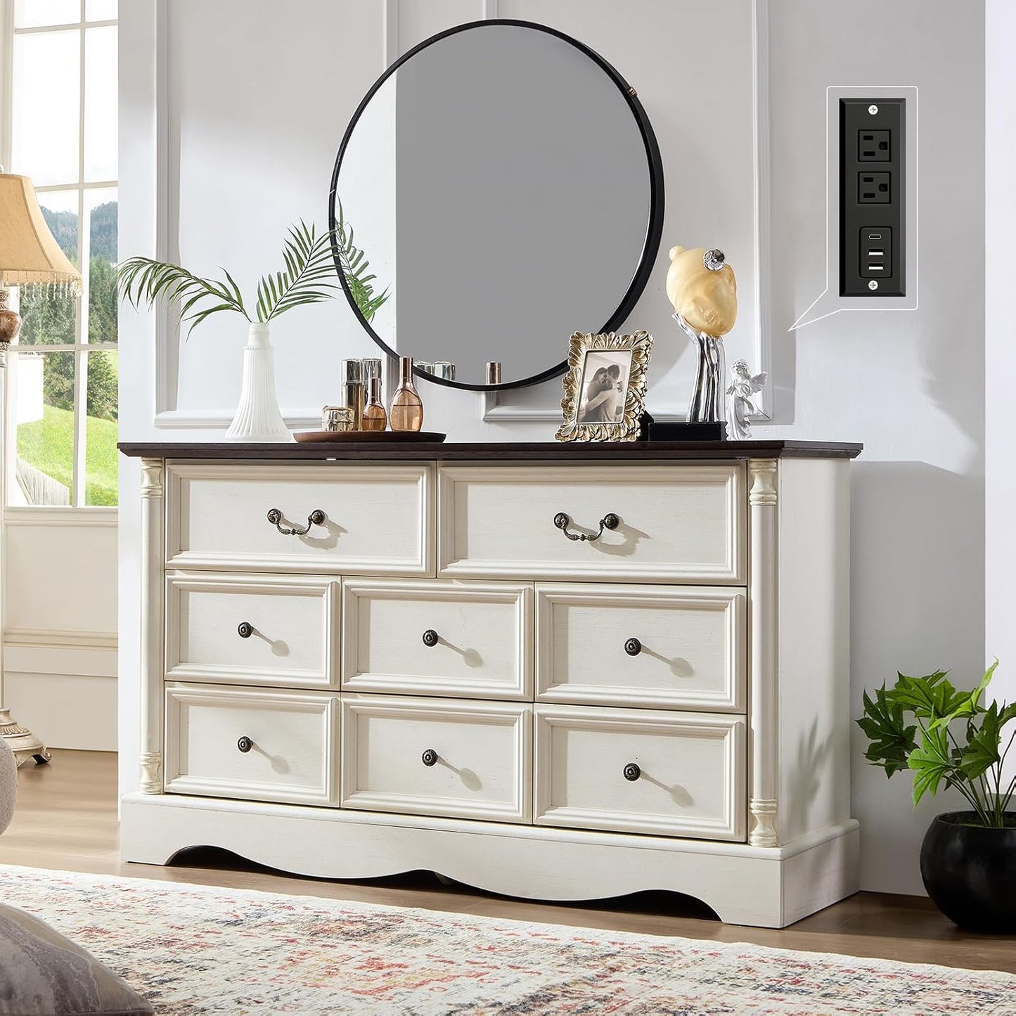 Farmhouse 8 Drawers Dresser for Bedroom with Charging Station, 54" Wide Wood Country Rustic Storage Dressers Organizer, Vintage Design Chest of Drawers TV Stand, Antique White