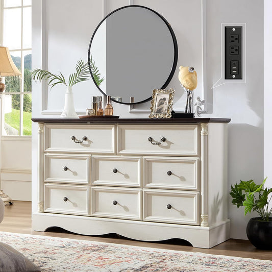 Farmhouse 8 Drawers Dresser for Bedroom with Charging Station, 54" Wide Wood Country Rustic Storage Dressers Organizer, Vintage Design Chest of Drawers TV Stand, Antique White