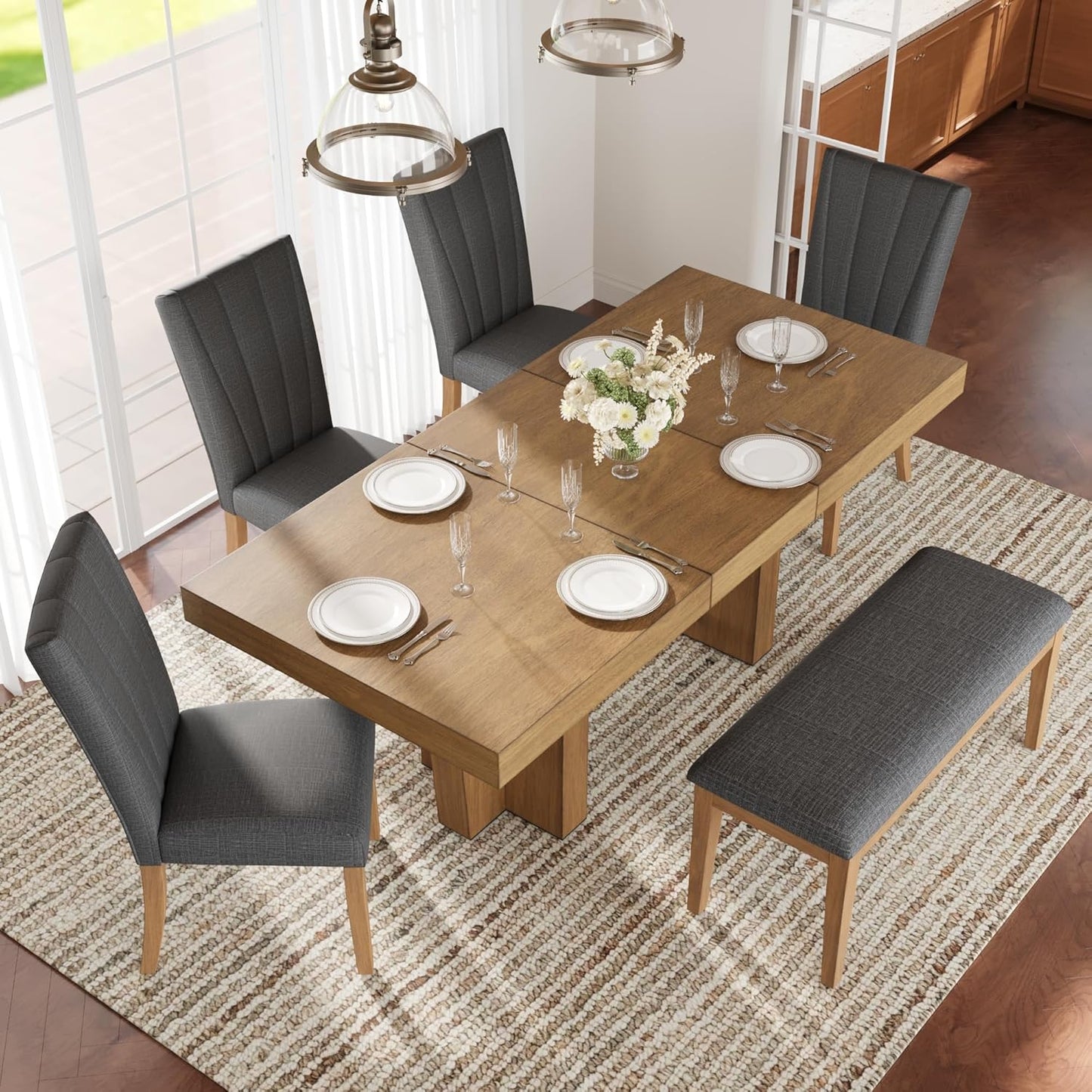 Ball & Cast 6 Piece Farmhouse Dining Table Set with Extendable Table,4 Upholstered Chairs & 1 Bench,Wooden Kitchen Table Set of 6,Backrest Chair with Table & Upholstery-Bench,for Dining Room,Gray