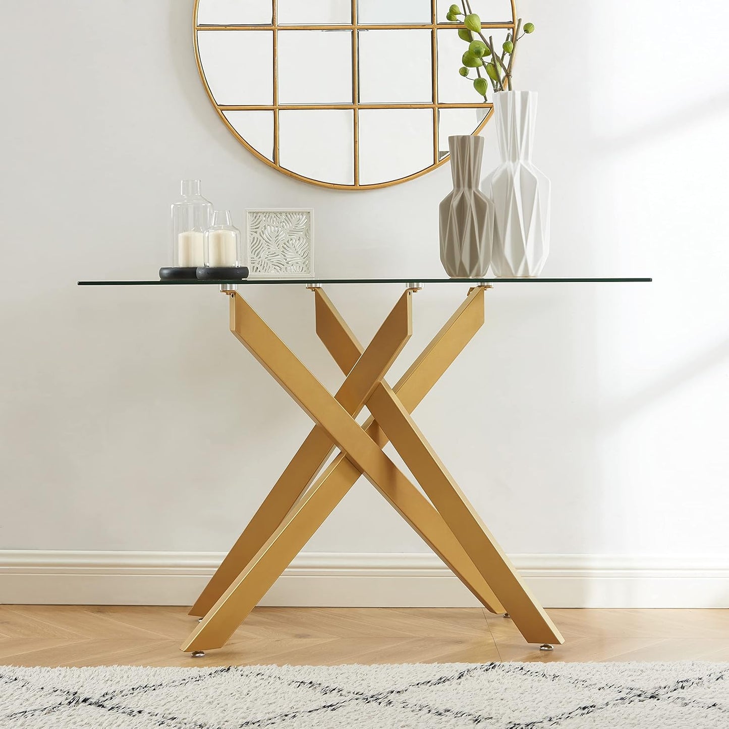 Modern Cross-Leg Console Table with 8mm Tempered Glass - Gold Geometric Entryway Table for Living Room & Bedroom, 45”Lx18”Wx30”H (Luxury Gold Finish)