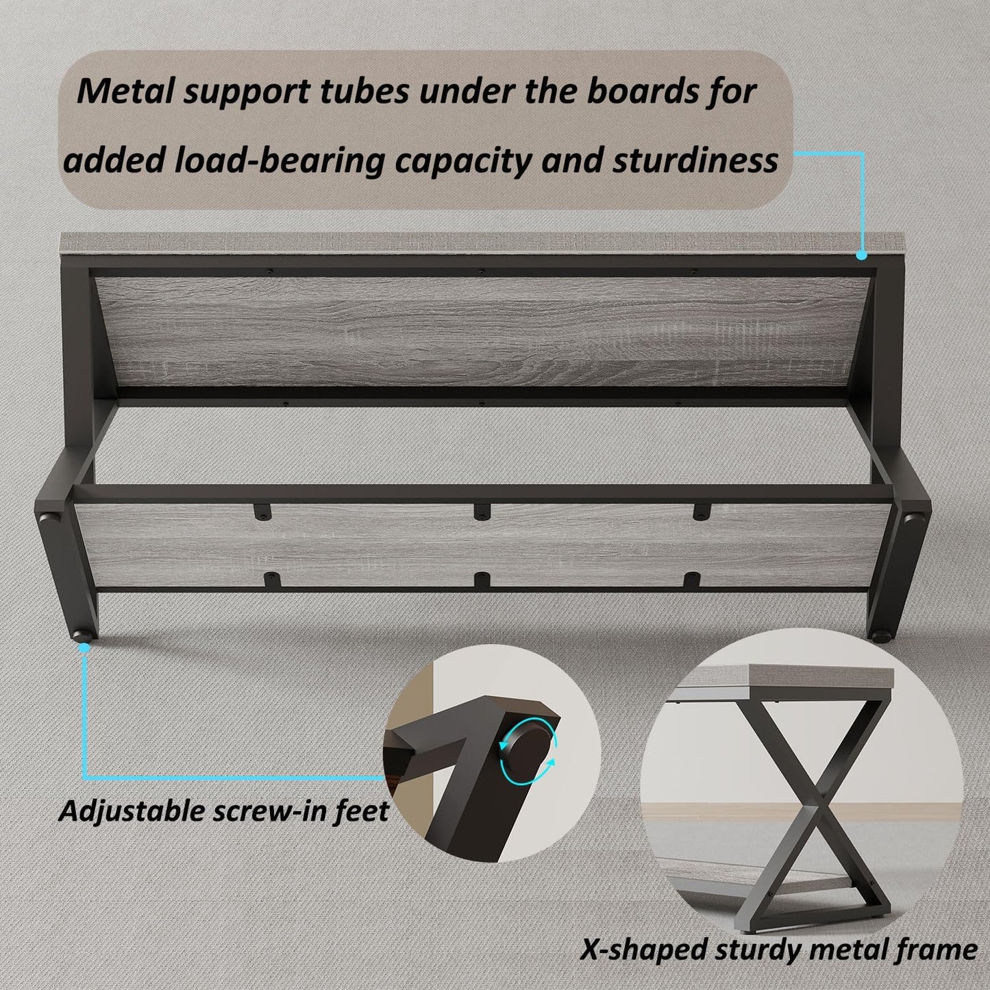 IBF Industrial Wood Entryway Bench, Indoor Farmhouse Hallway Accent Entry Bench for Seating Sitting with Storage, Metal Shoe Rack Grey Bench Organizer in Foyer Bedroom, Light Grey Oak, 47 Inch Long