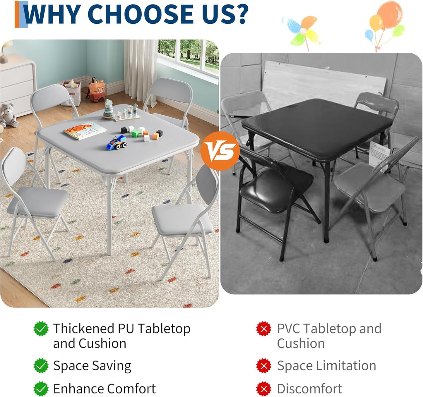 IDEALHOUSE 5 Piece Folding Kids Table and Chairs Set, Children Activity Table and Chairs Set for Dining Room,Daycare,Classrooms