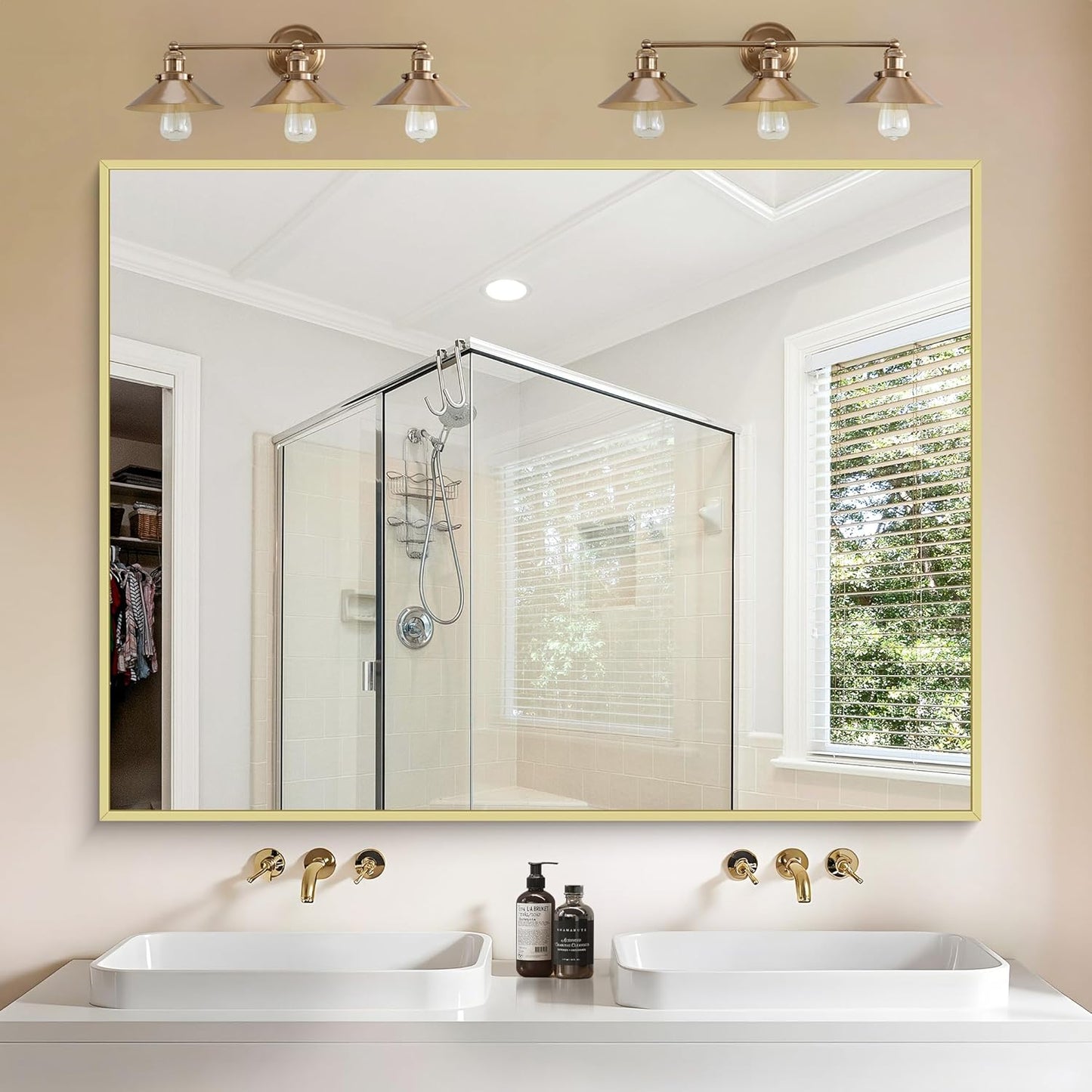 KOCUUY Gold Bathroom Mirror, 48"x36" Large Rectangular Mirror with Metal Frame, Gold Vanity Mirror with Modern Design for Bathroom, Living Room, Farmhouse, Entryway, Hang Horizontal/Vertical