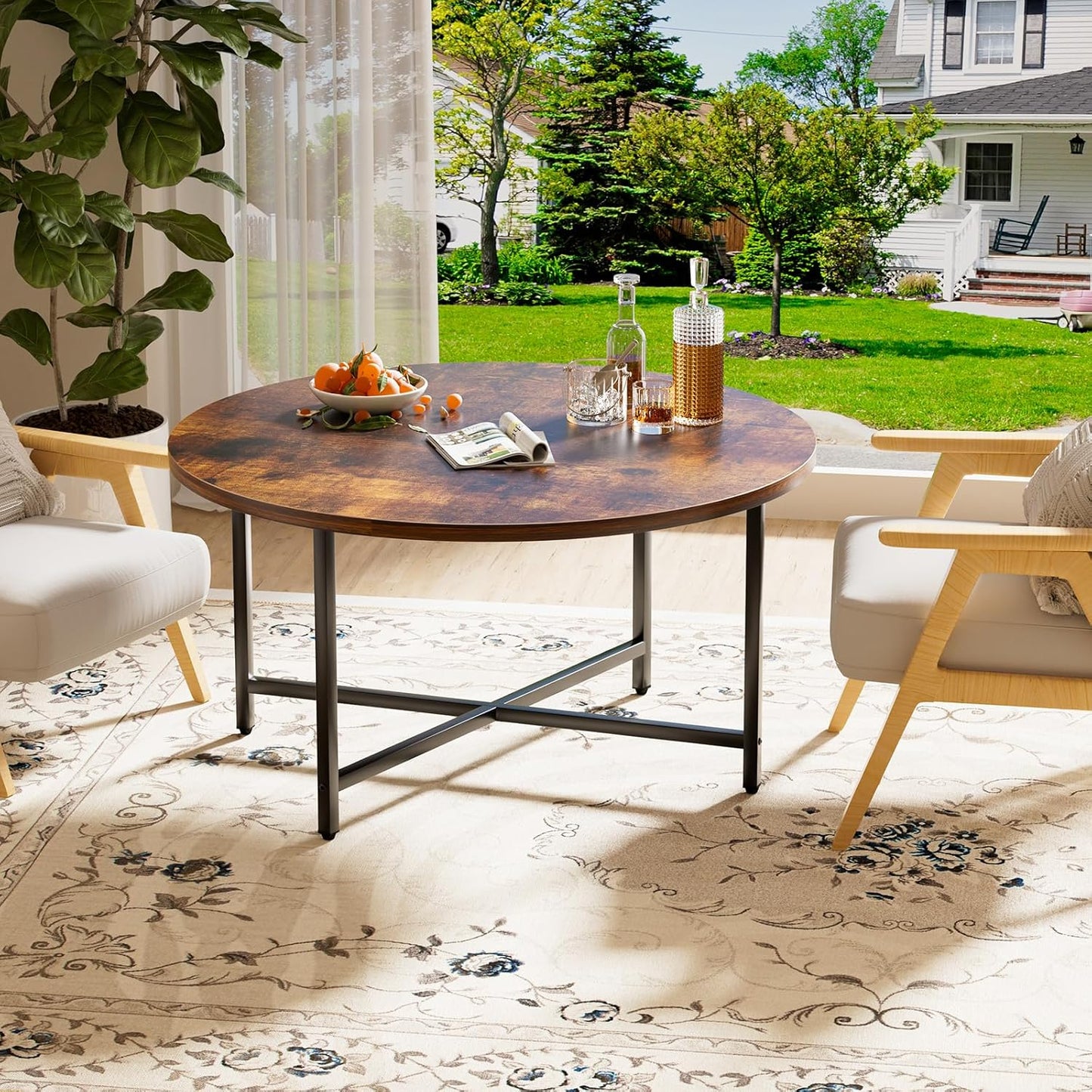 Round Coffee Table, 31.5" Circle Coffee Table，Modern Round Coffee Tables Living Room, Large Coffee Table Round for Indoor & Outdoor Use, Office, Patio or Garden, Rustic Brown (31.5" D*17.7" H)