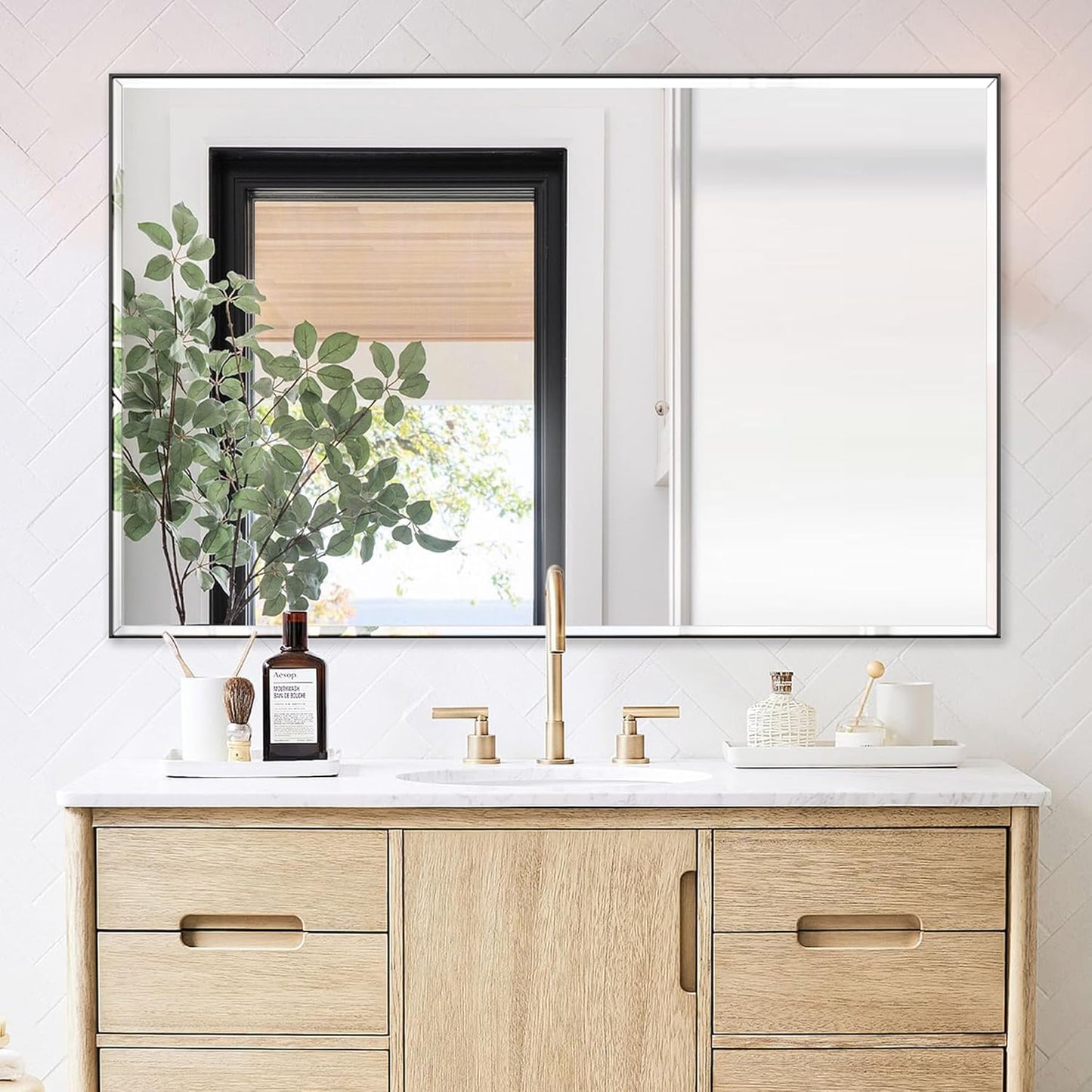 30x48 Inch Black Mirror with Beveled Trim, Aluminum Frame Bathroom Vanity Mirror, Copper-Free Mirror, Rectangle Wall Mounted Mirror, Modern Rectangular Mirror Horizontal or Vertical