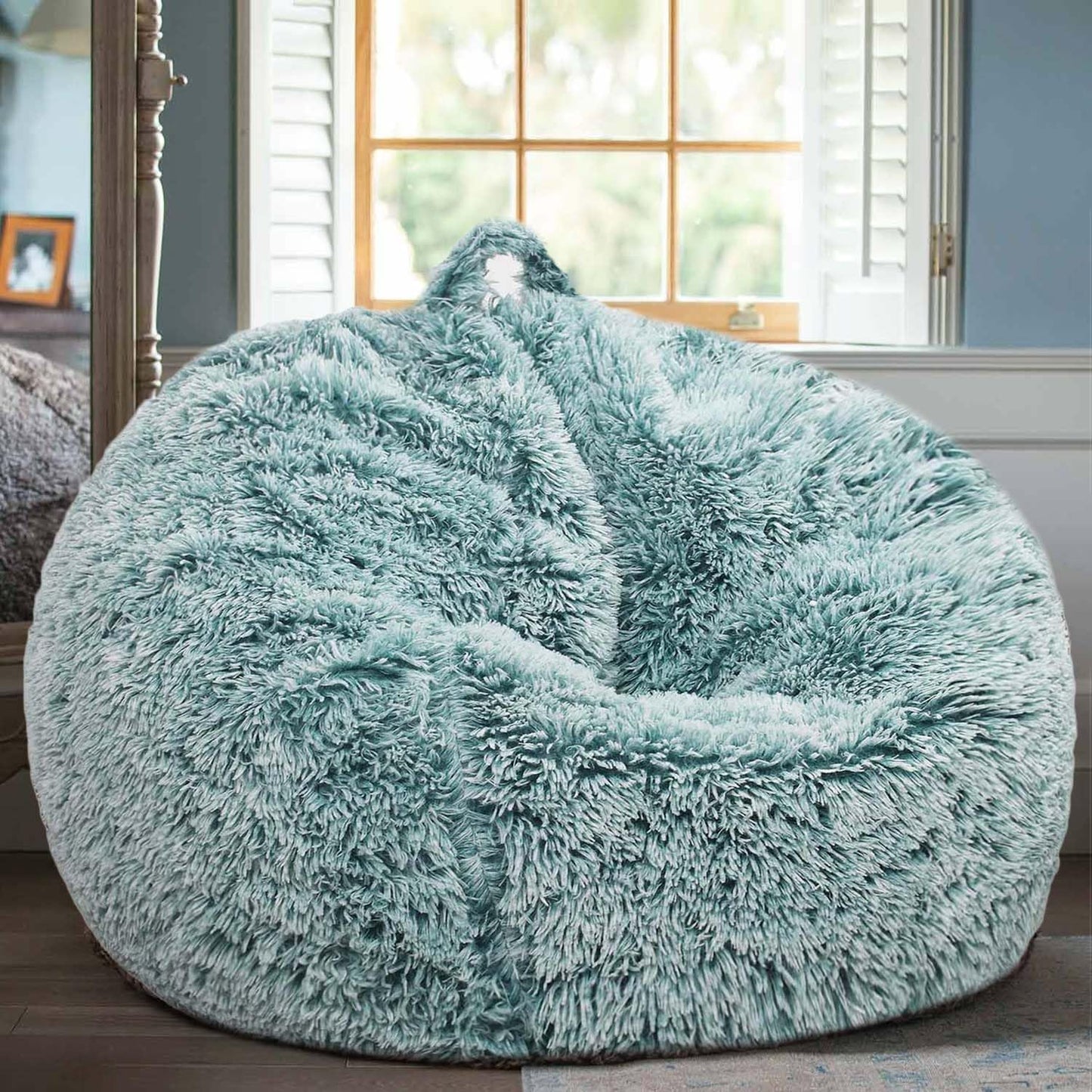 Fluffy Bean Bag Chair for Kids, 2.5FT Round Memory Foam Filled Bean Bag for Teens & Kids, Ultra Soft Faux Fur Fabric Bean Bag Chairs for Playroom, Living Room, Bedroom, Dark Green