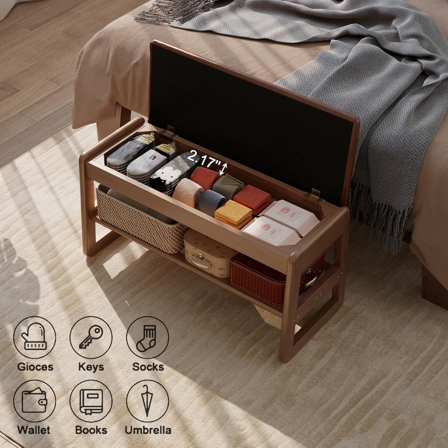 Shoe Rack Bench with Leather Cushion,2 Tiers Shoe Bench with Flip-Top Storage,Wood Shoe Rackh for Entryway,Hallway（Orange,31.5"）