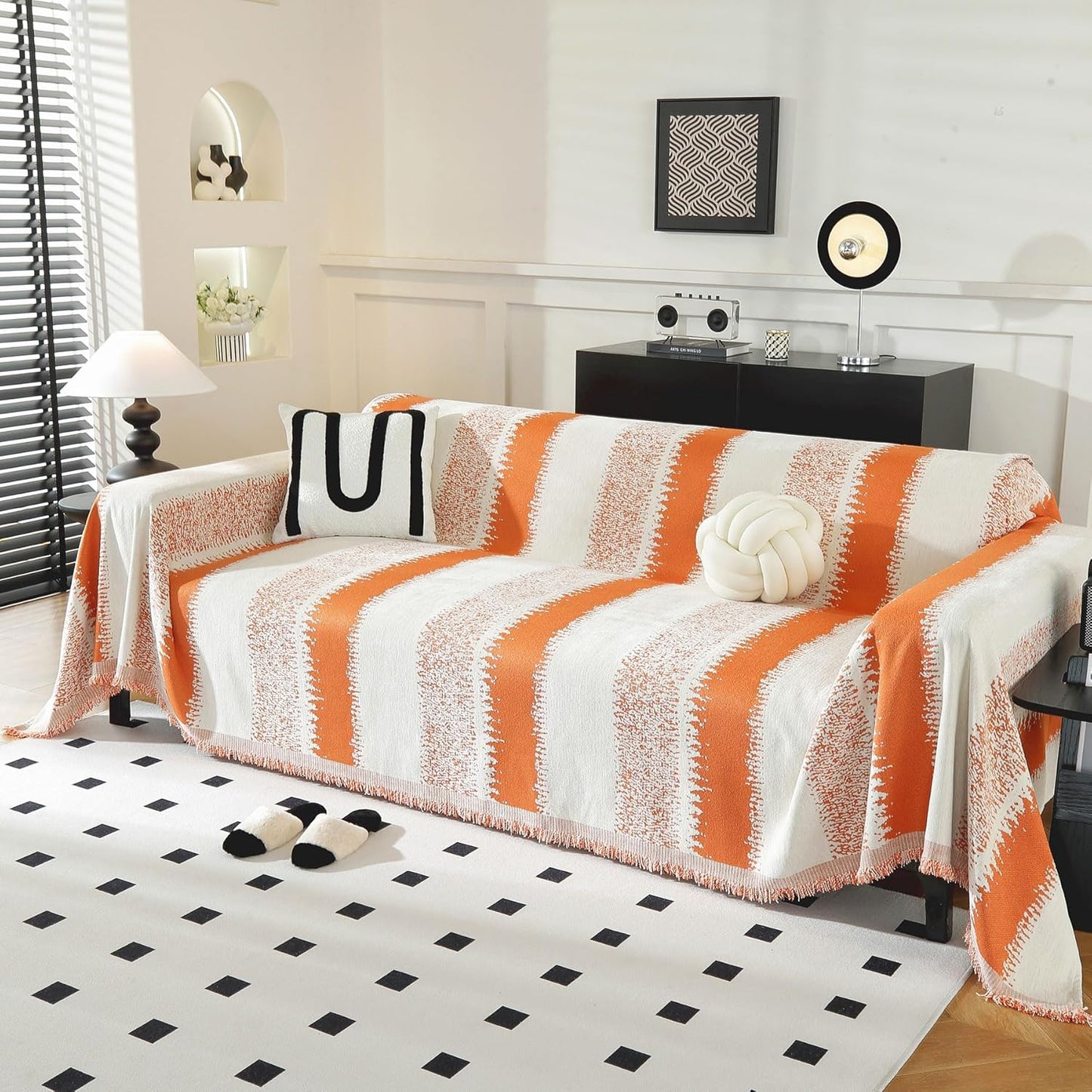 LUFEIJIASHI Boho Couch Covers for Sofa Non Slip Sofa Covers Washable Couch Covers for 3 Cushion Couch Sofa Pet Friendly Sectional Couch Cover Blanket Furniture Protector for Dogs (Orange, 71"x150")