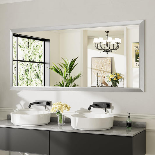 72x32 Inch Silver Bathroom Mirror for Wall, Thick Metal Framed Rectangle Mirrors for Over Sink, Bedroom, Living Room, Entryway, Anti-Rust, HD Tempered Glass