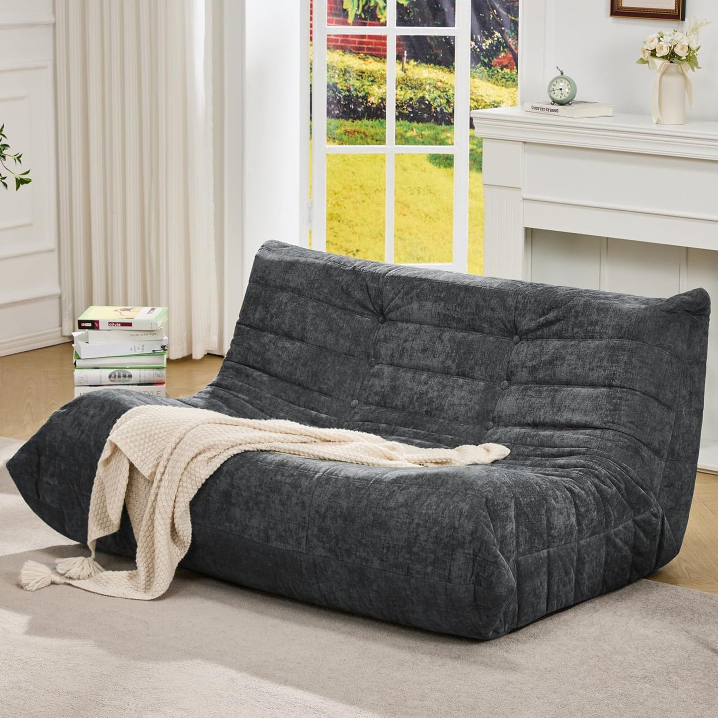 Hobestluk Bean Bag Chair Giant Bean Bag Sofa 2 Seater Bean Bag Chairs for Adults, Loveseat Floor Chair, Bean Bag Chairs for Living Room Bedroom Dorm Office (Darkgrey Chenille, Loveseat)